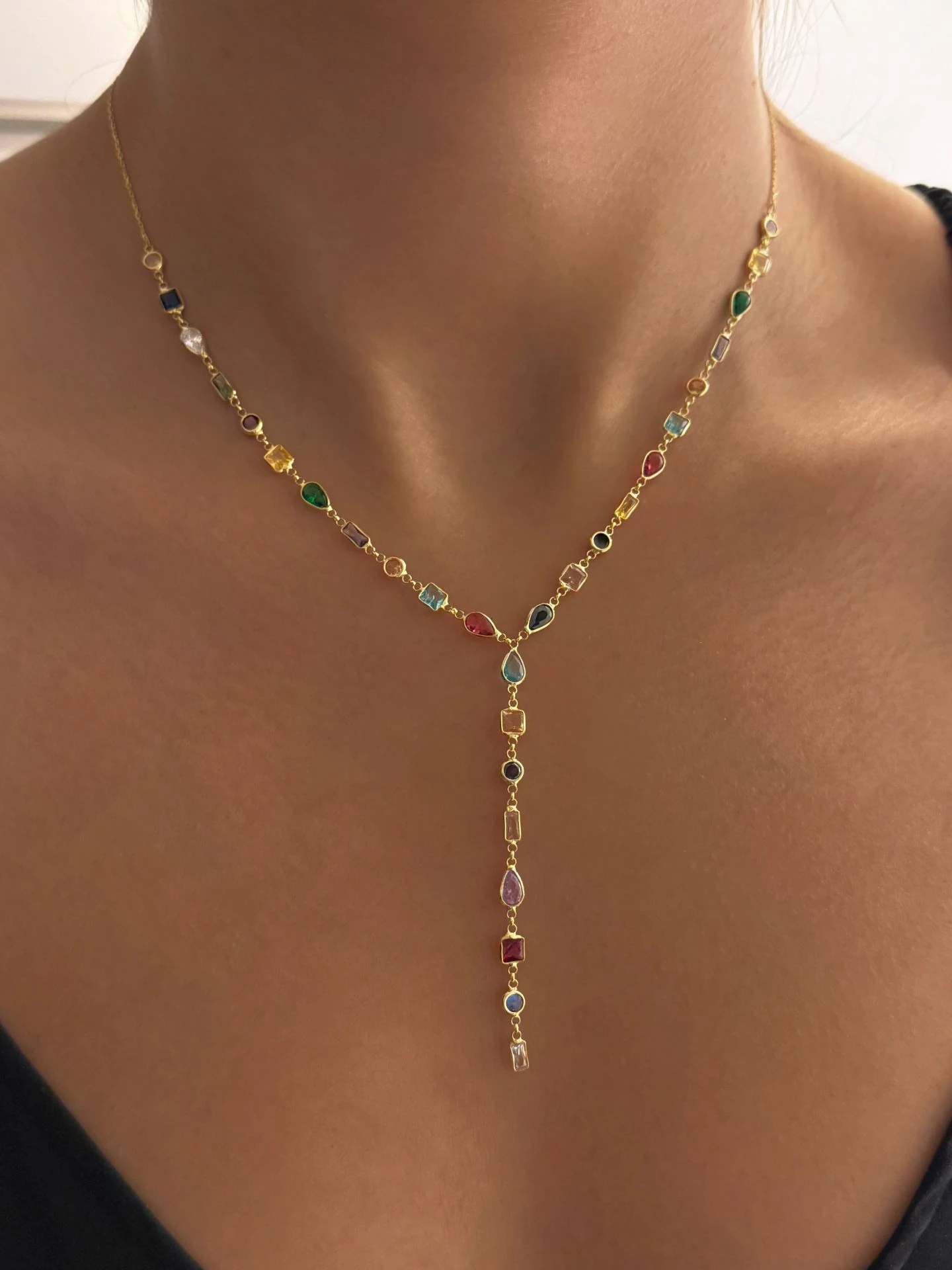 925 Gümüş | Renkli Asimetrik Taşlı Y Zincir Kolye