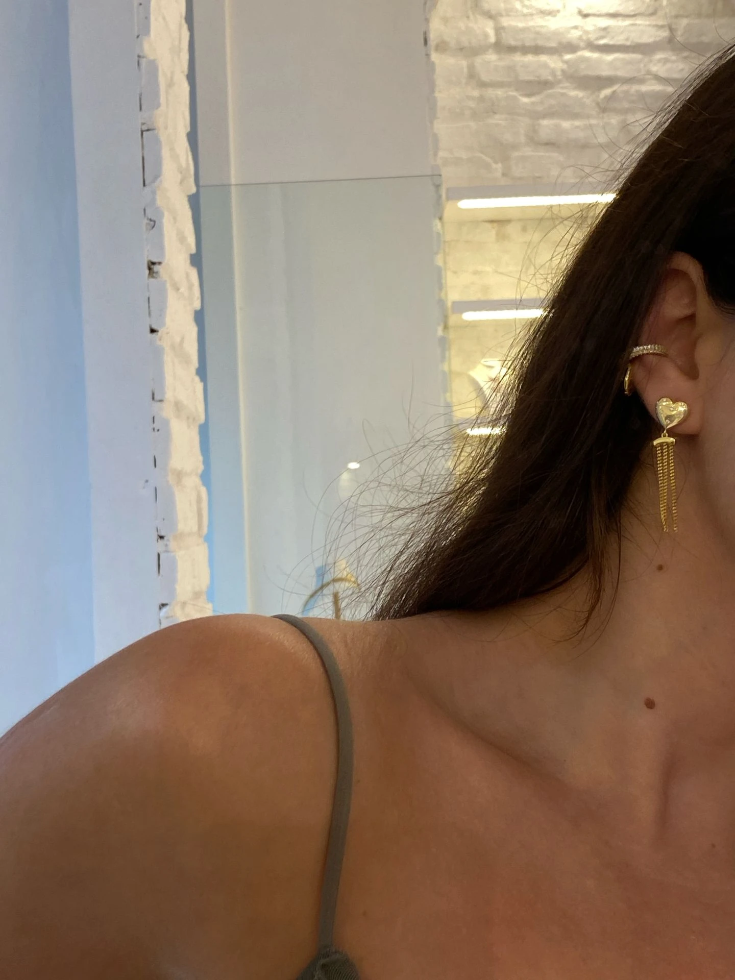 925 Gümüş | Sallantılı Zincirli Taş Detaylı Kalp Küpe