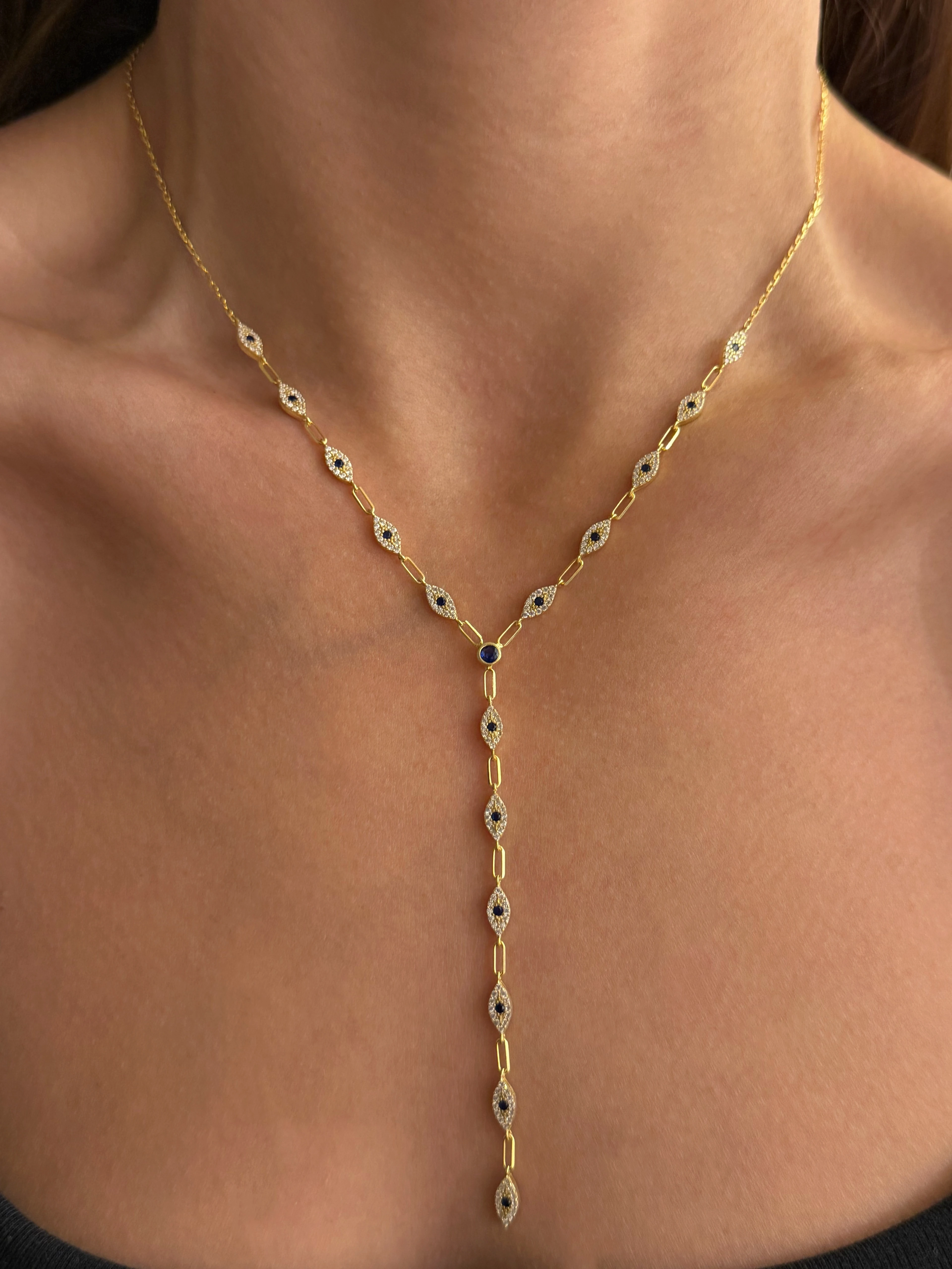 925 Gümüş | Lacivert Taşlı Göz Charmlı Y Kolye