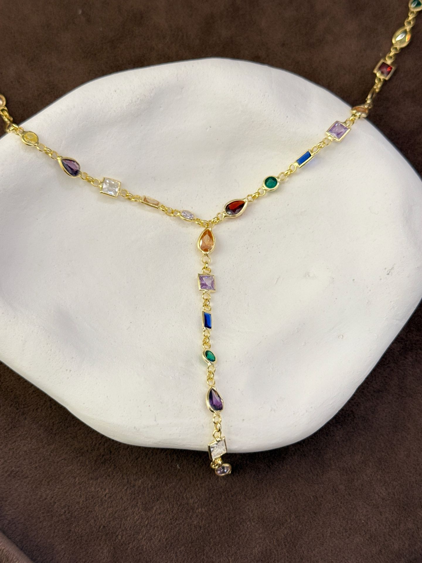 925 Gümüş | Renkli Asimetrik Taşlı Y Zincir Kolye