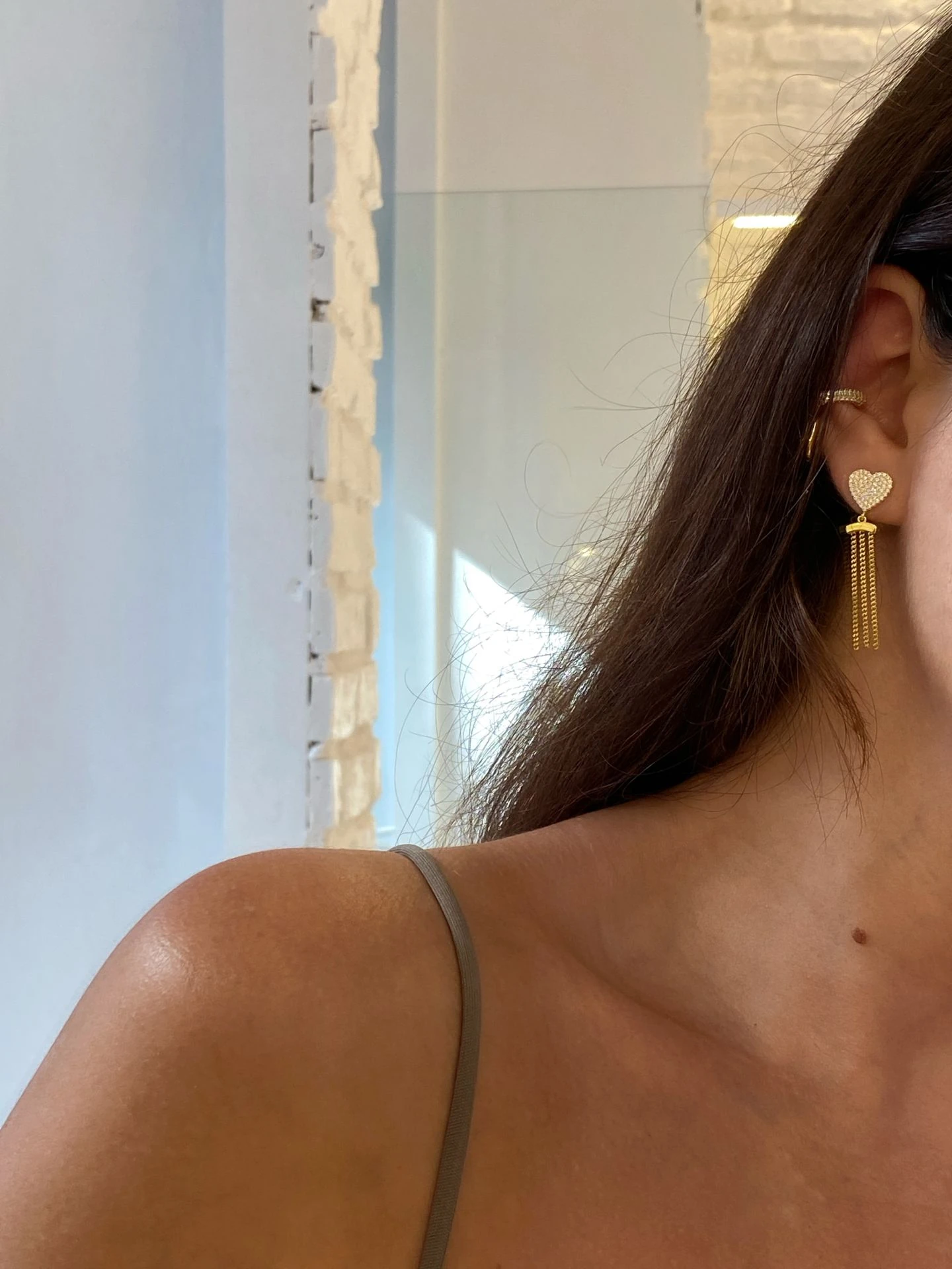 925 Gümüş | Sallantılı Zincirli Full Taşlı Kalp Küpe