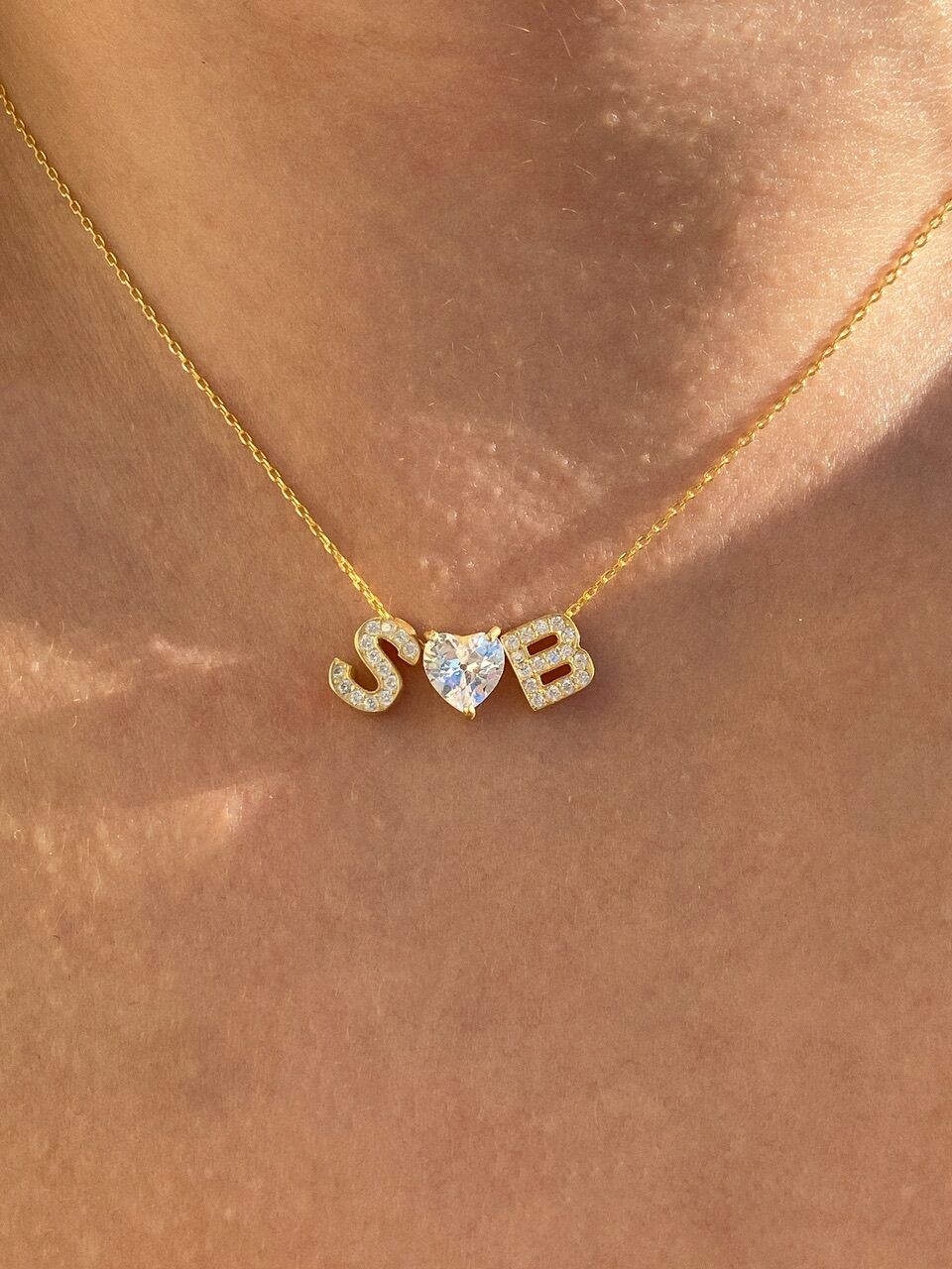 925 Gümüş | Beyaz Kalpli Taşlı 2 Harfli Kolye