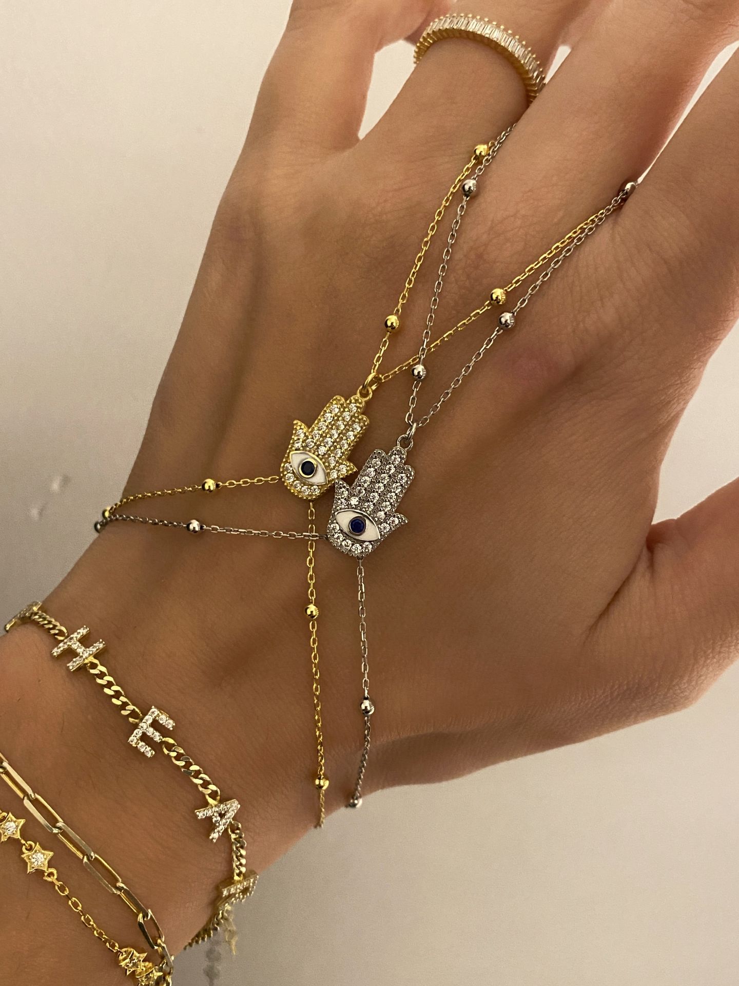 925 Gümüş | Taşlı Göz Detaylı Hamsa Şahmeran