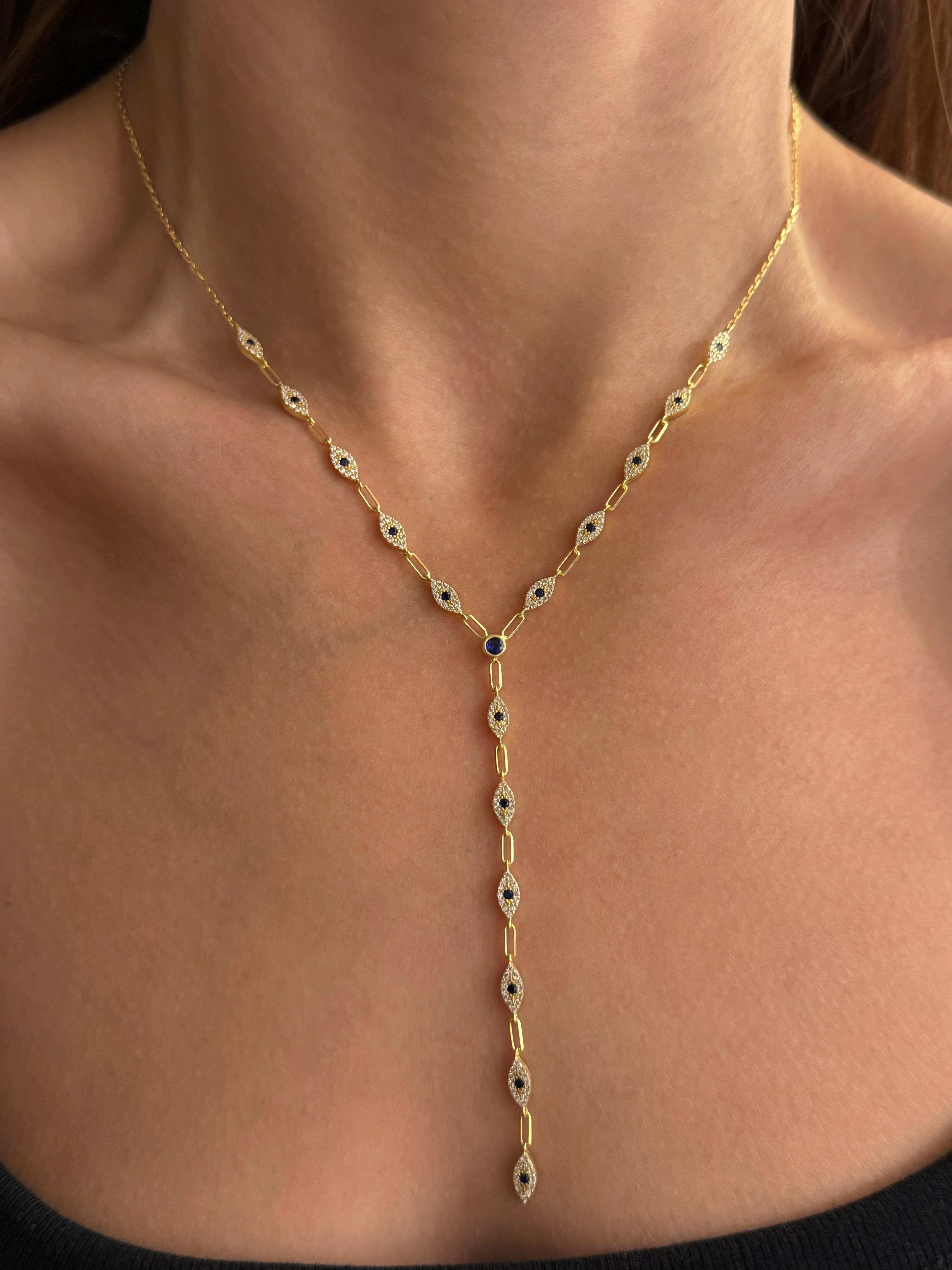 925 Gümüş | Lacivert Taşlı Göz Charmlı Y Kolye