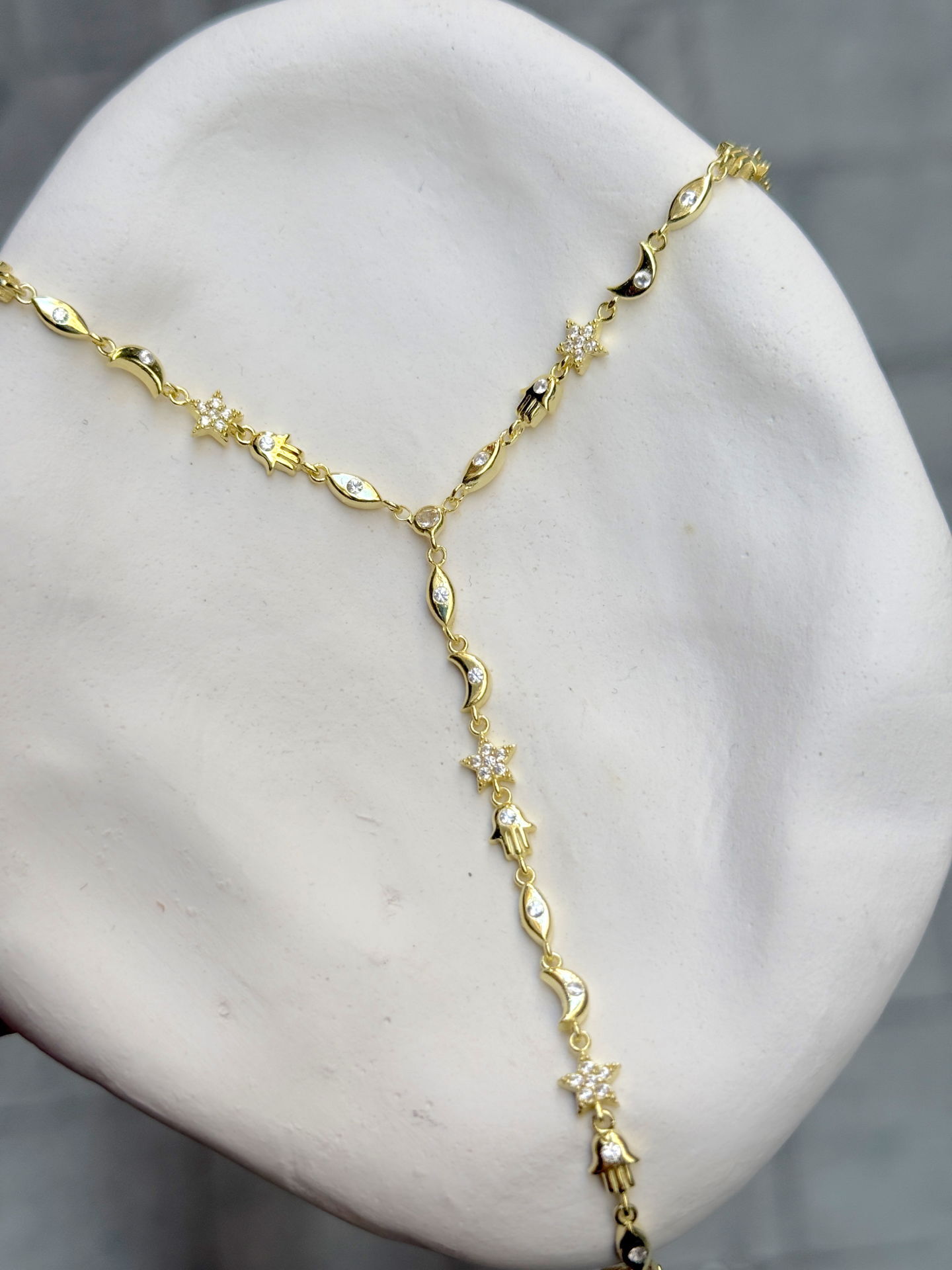 14K ALTIN | Hamsa-Yıldız-Ay-Göz Figürlü Manifest Y Zincir Kolye