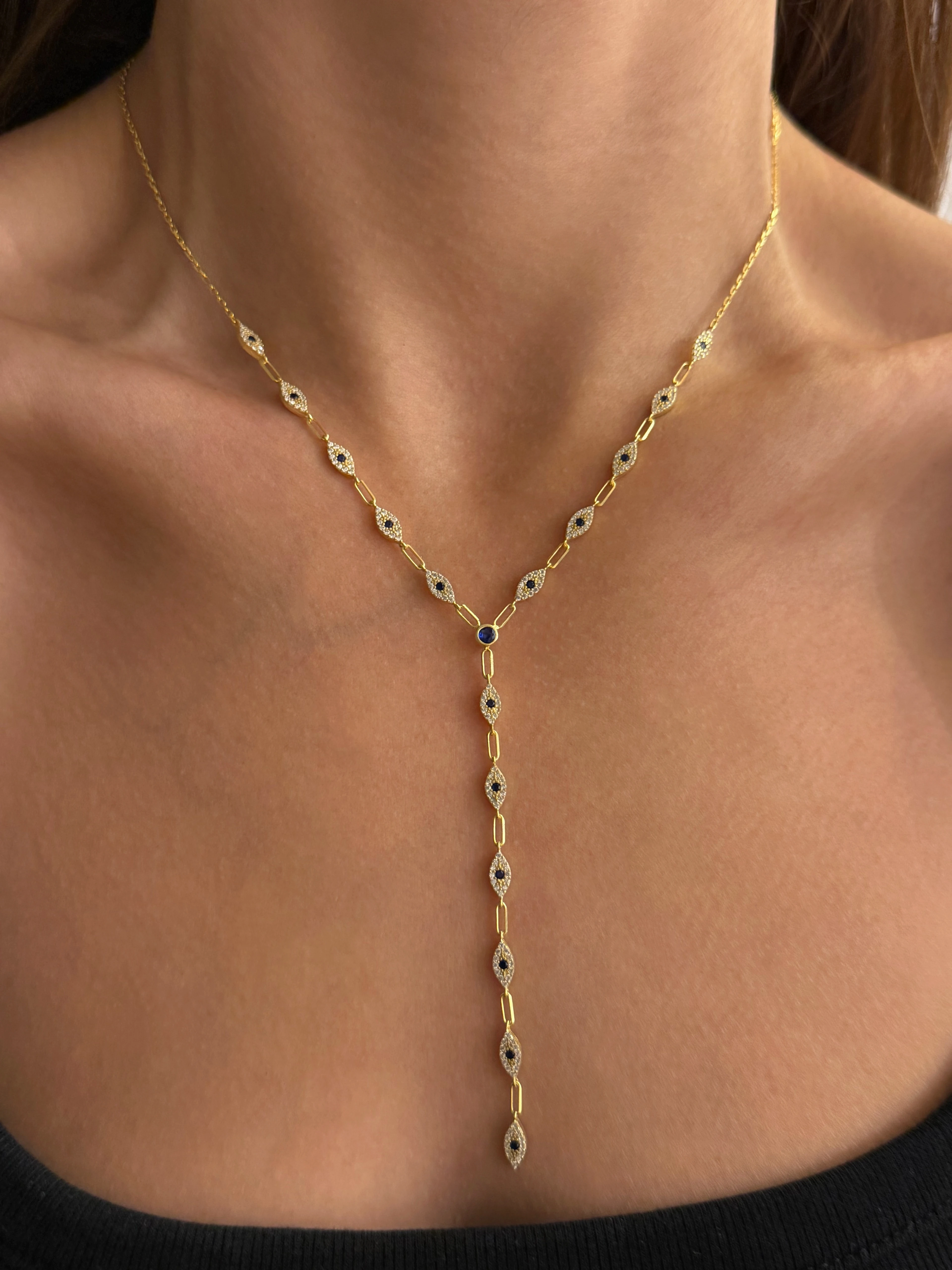 925 Gümüş | Lacivert Taşlı Göz Charmlı Y Kolye