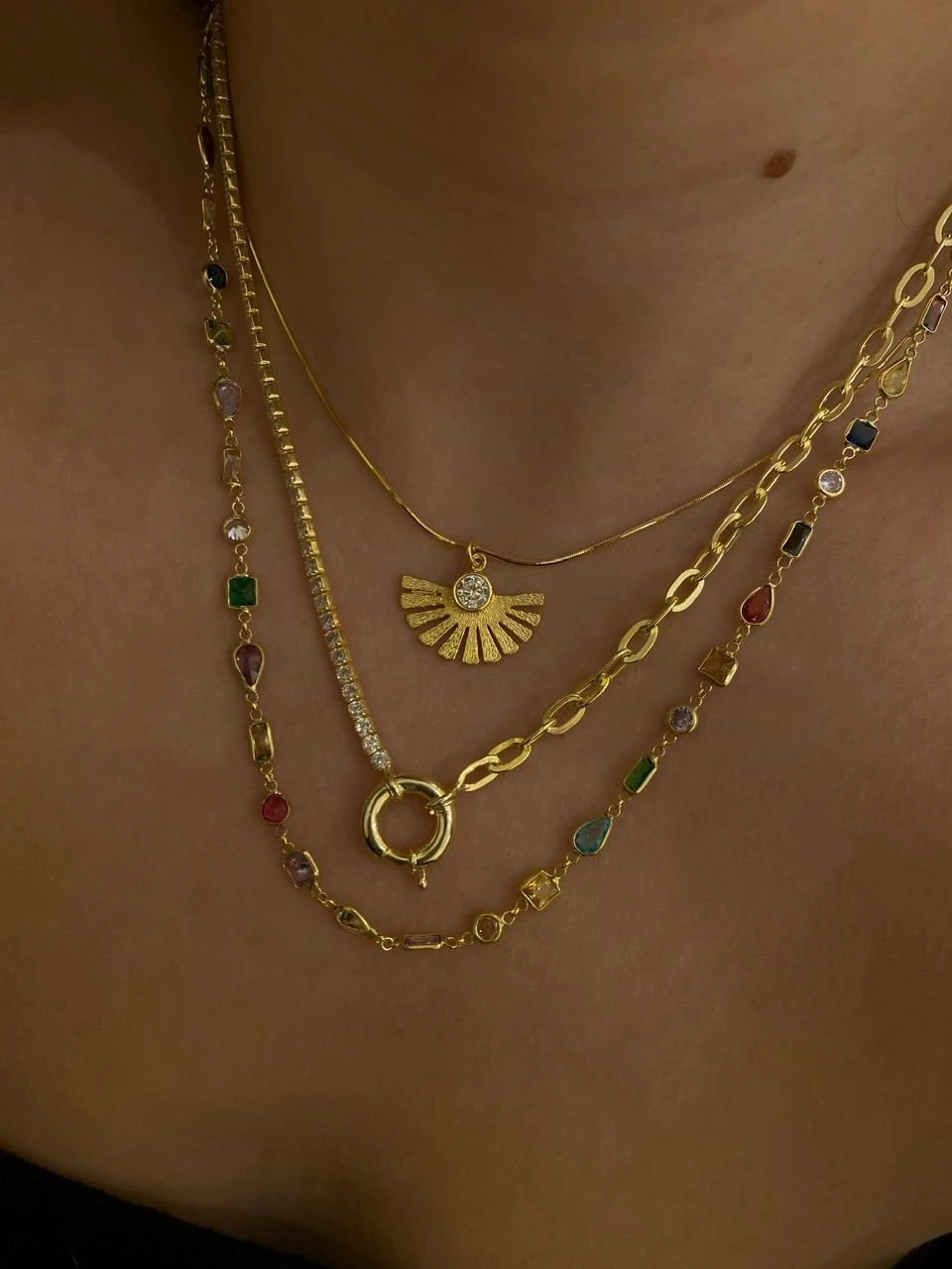 925 Gümüş | Renkli Asimetrik Taşlı Zincir