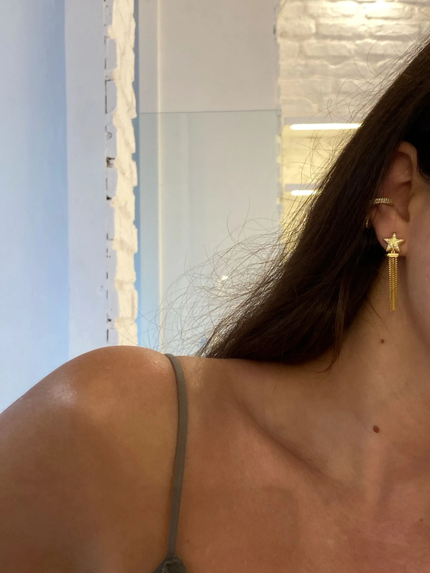 925 Gümüş | Sallantılı Zincirli Taş Detaylı Yıldız Küpe