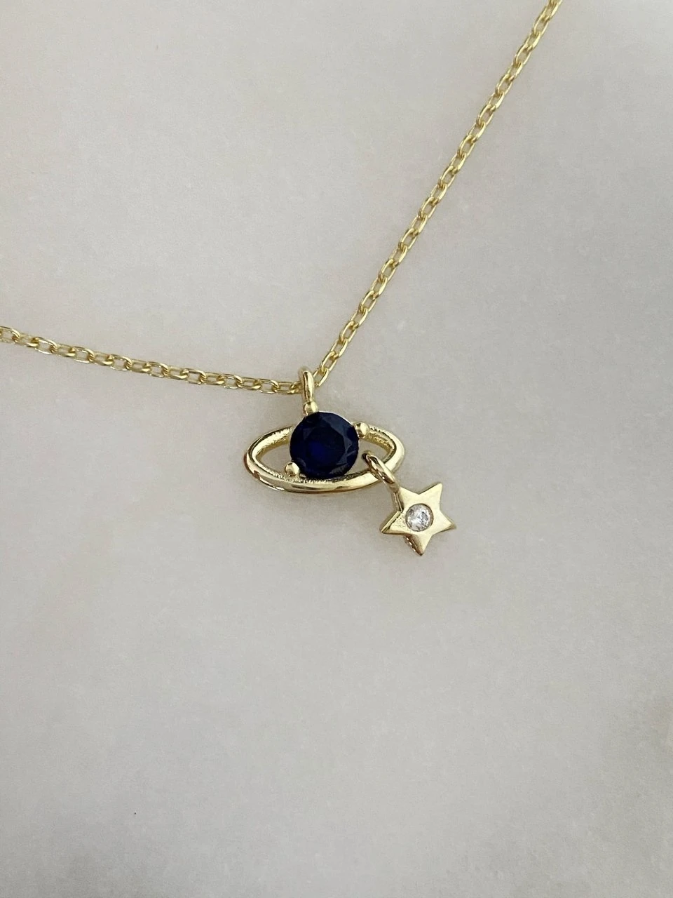 925 Gümüş | Lacivert Taşlı Mini Satürn Kolye