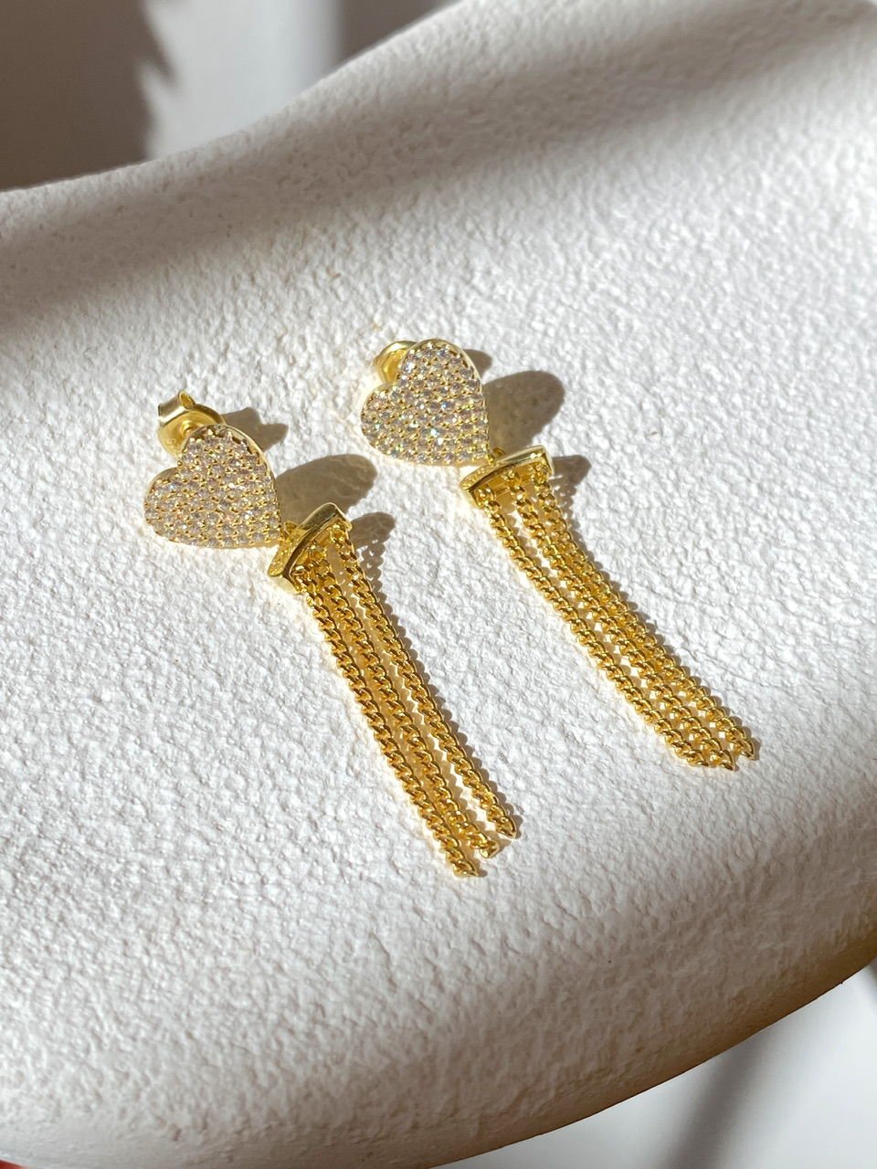 925 Gümüş | Sallantılı Zincirli Full Taşlı Kalp Küpe