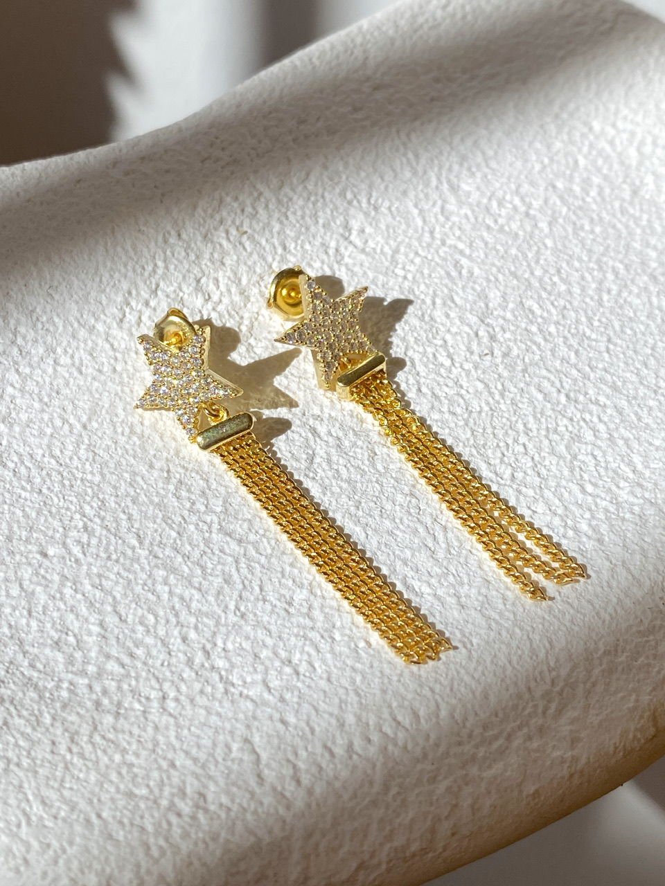 925 Gümüş | Sallantılı Zincirli Full Taşlı Yıldız Küpe