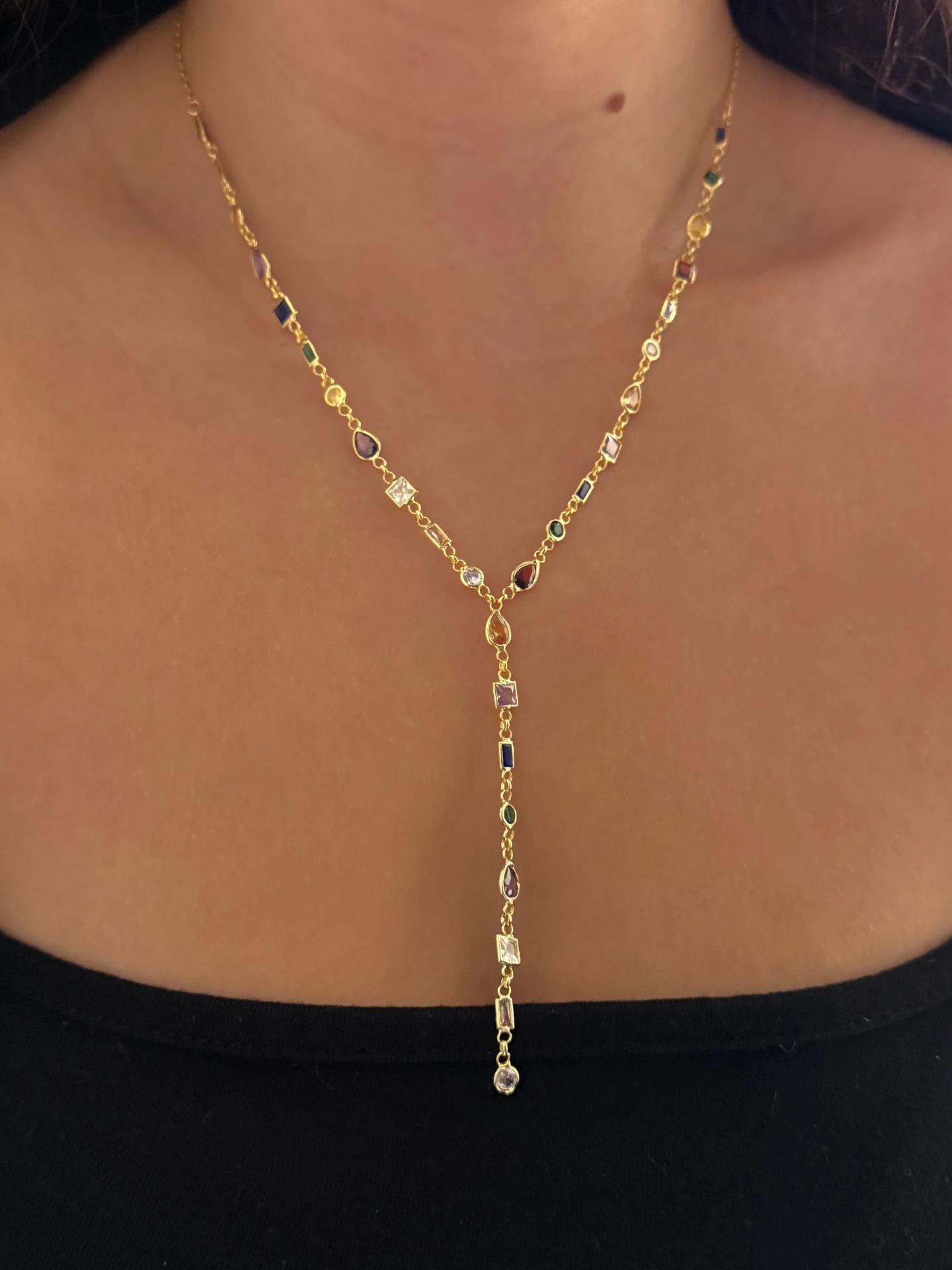 925 Gümüş | Renkli Asimetrik Taşlı Y Zincir Kolye