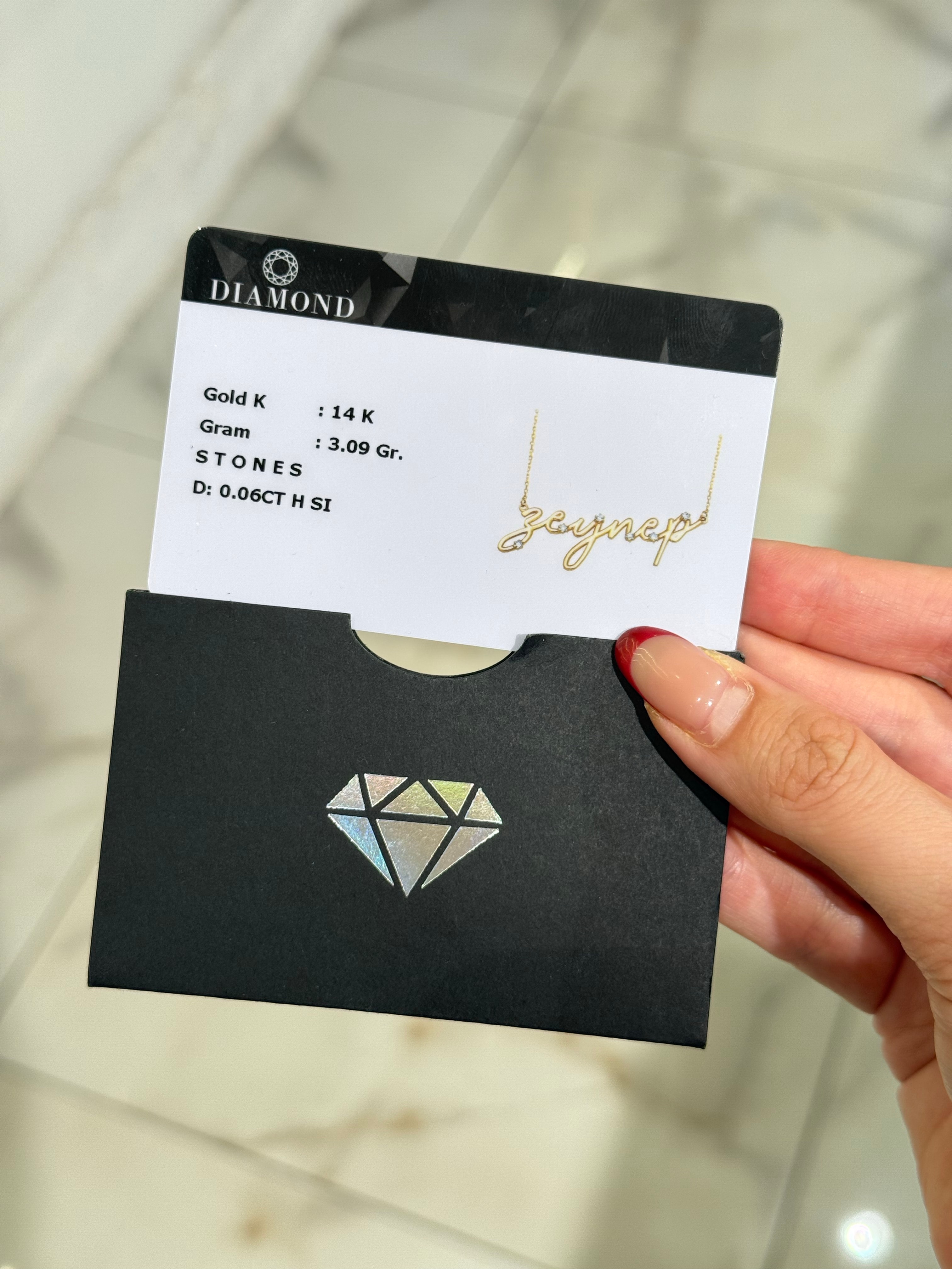 14K ALTIN | 3 Boyutlu 0.05 Karat Pırlanta Detaylı İstediğini Yazdır El Yazısı Kolye