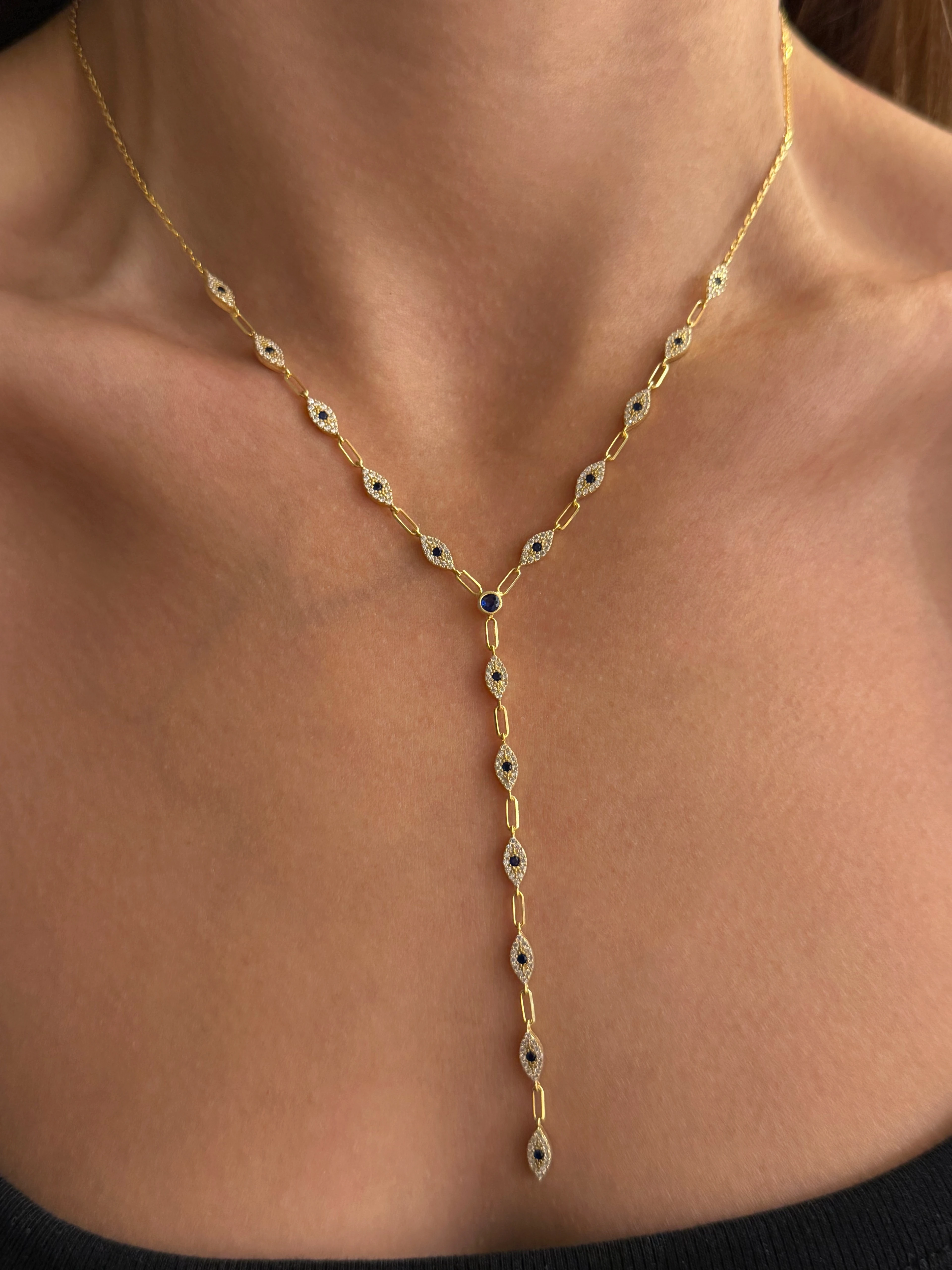 925 Gümüş | Lacivert Taşlı Göz Charmlı Y Kolye