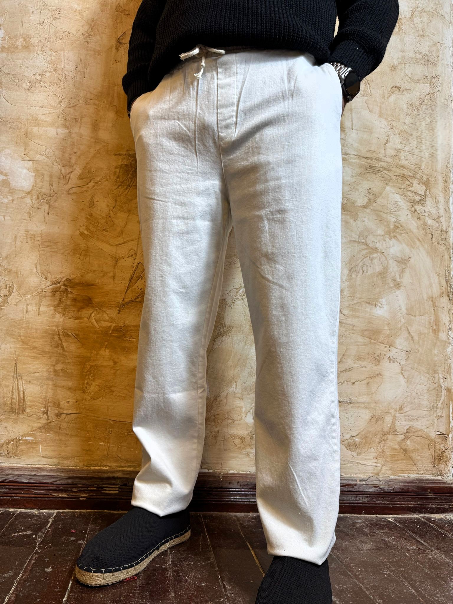 BEL LASTİK KOT PANTOLON - BEYAZ
