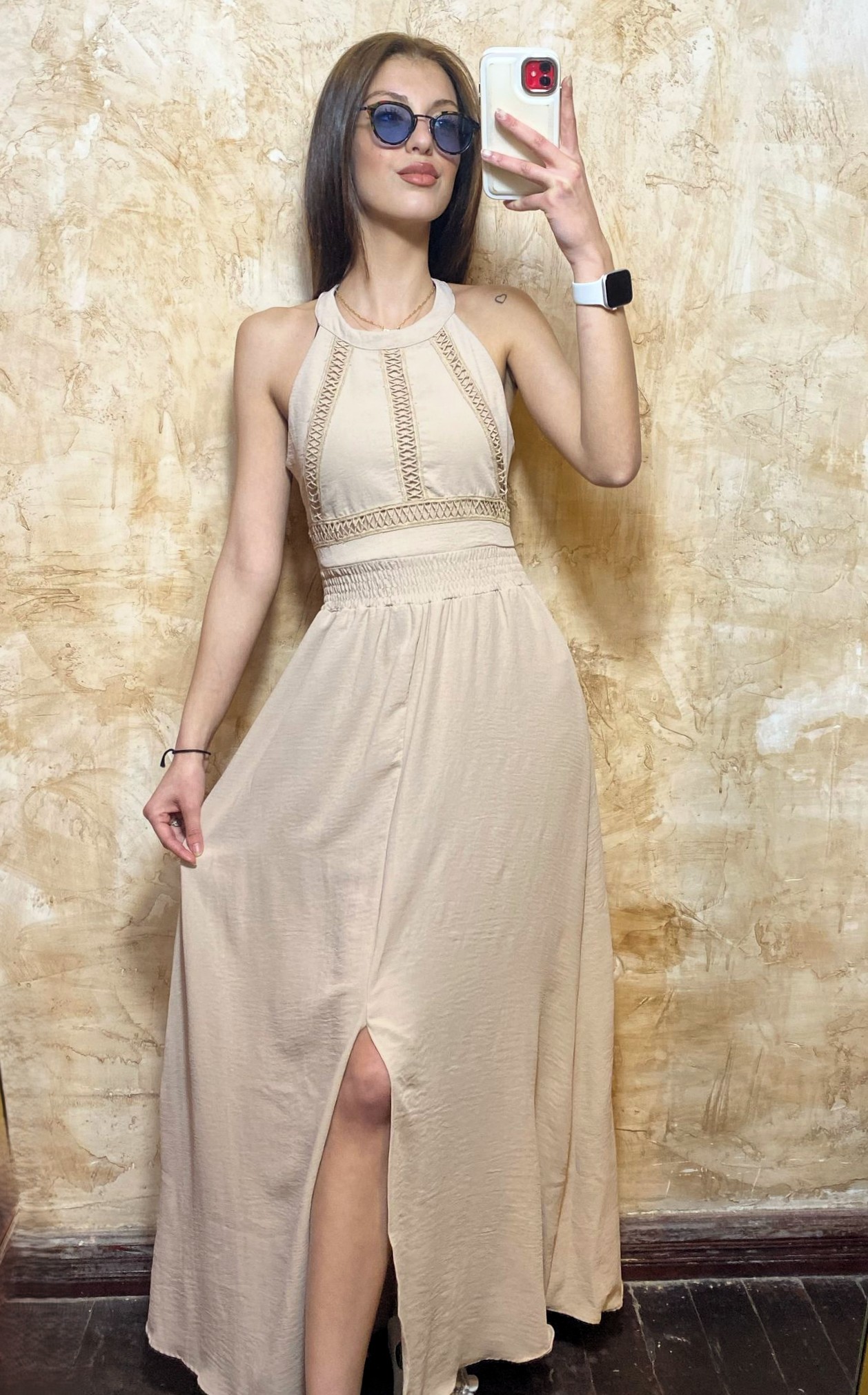 HALTER YAKA MAXİ ELBİSE - BEJ