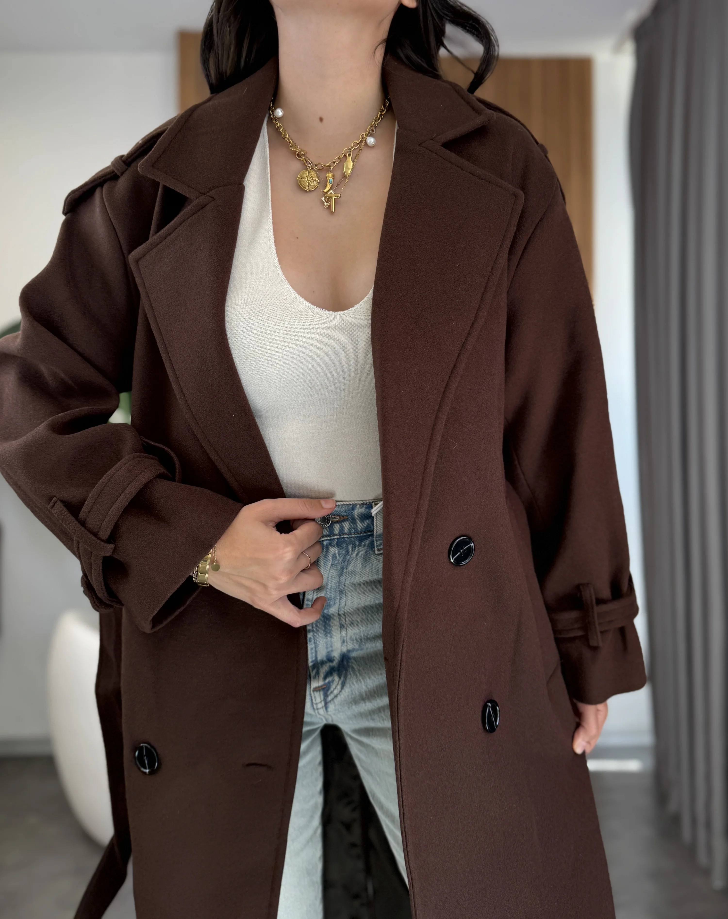 Kol ve Bel Kemerli Kaşe Kaban