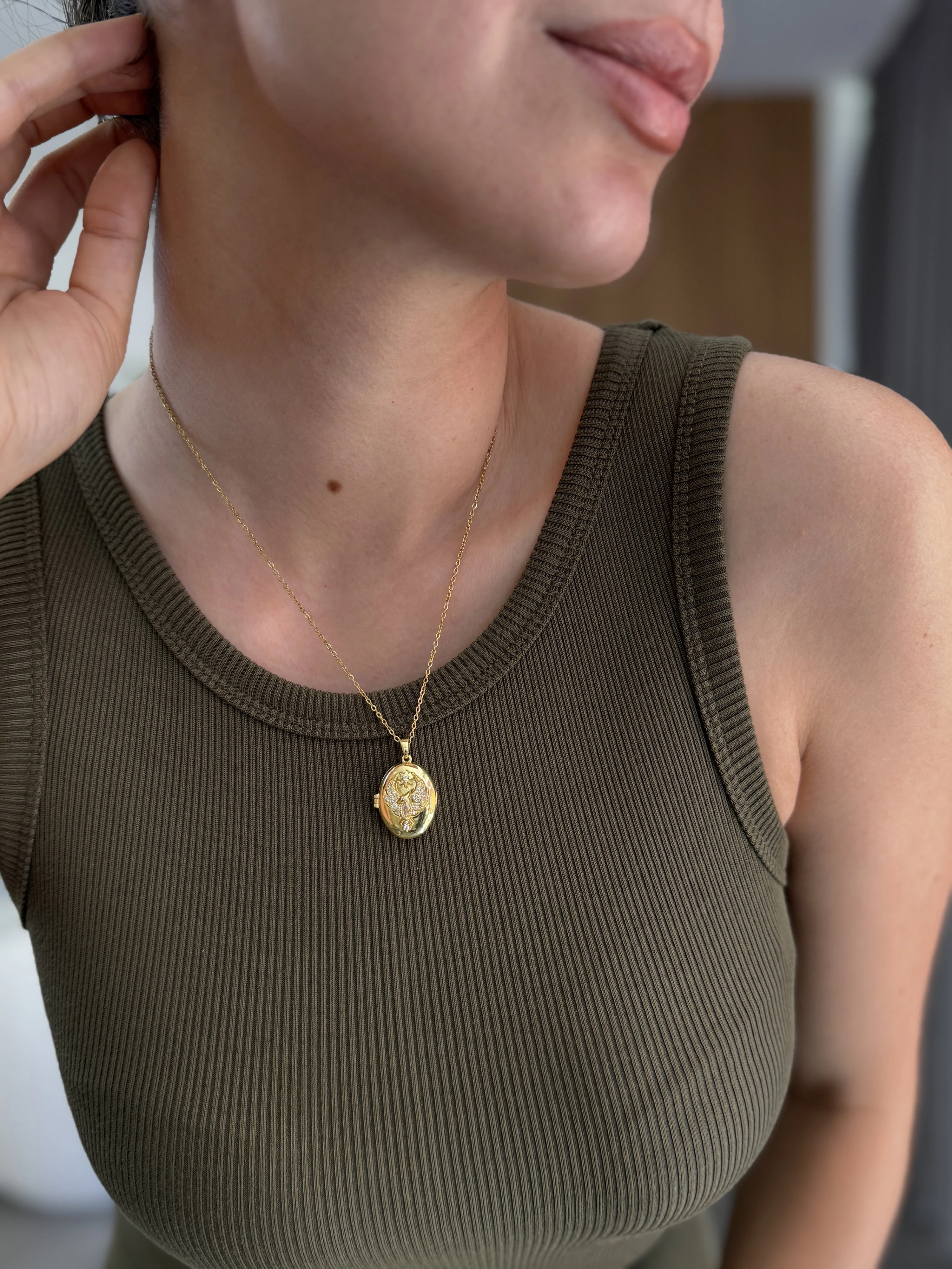 Anka Taşlı Kapaklı Gold Kolye