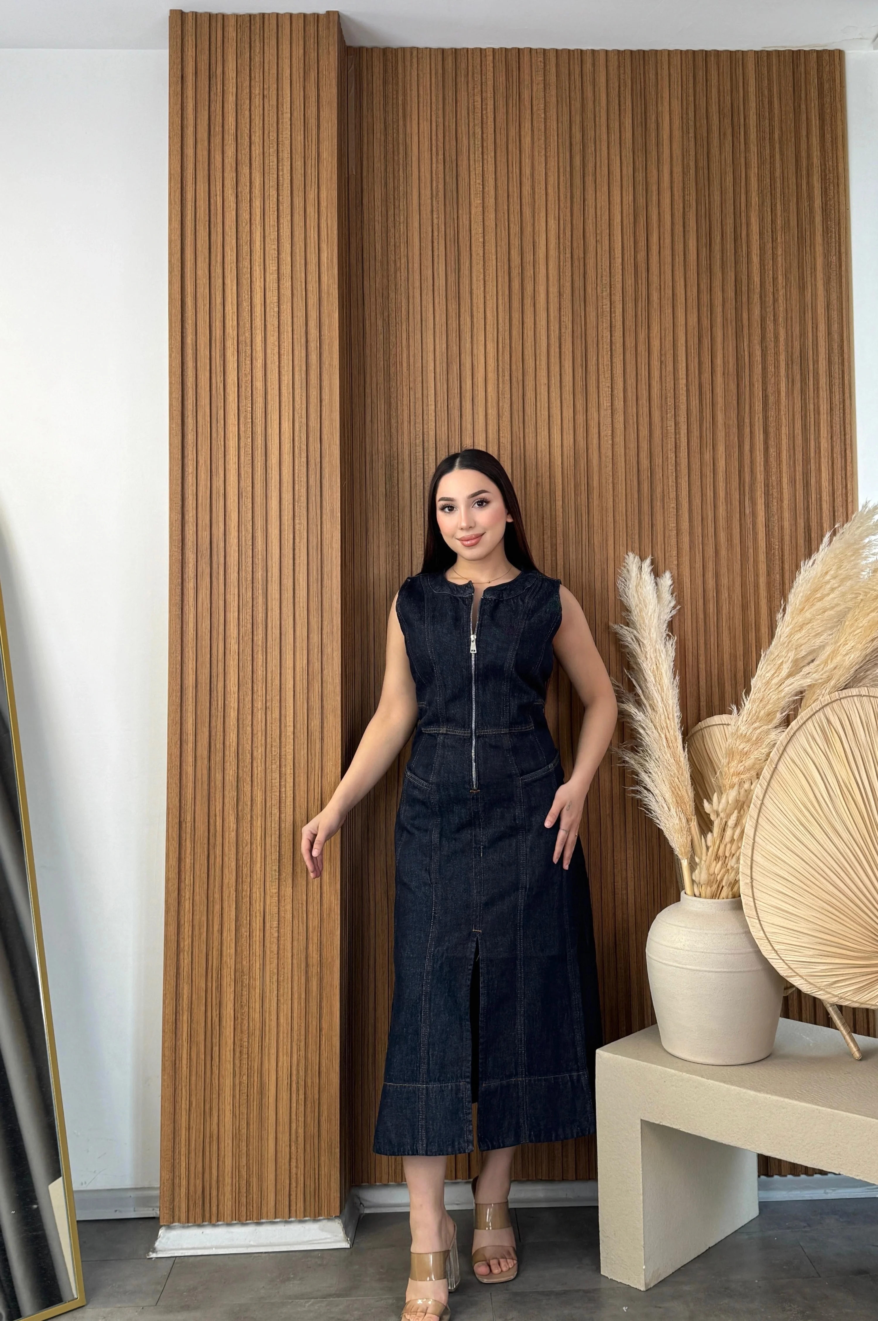 Yarım Fermuarlı Denim Elbise