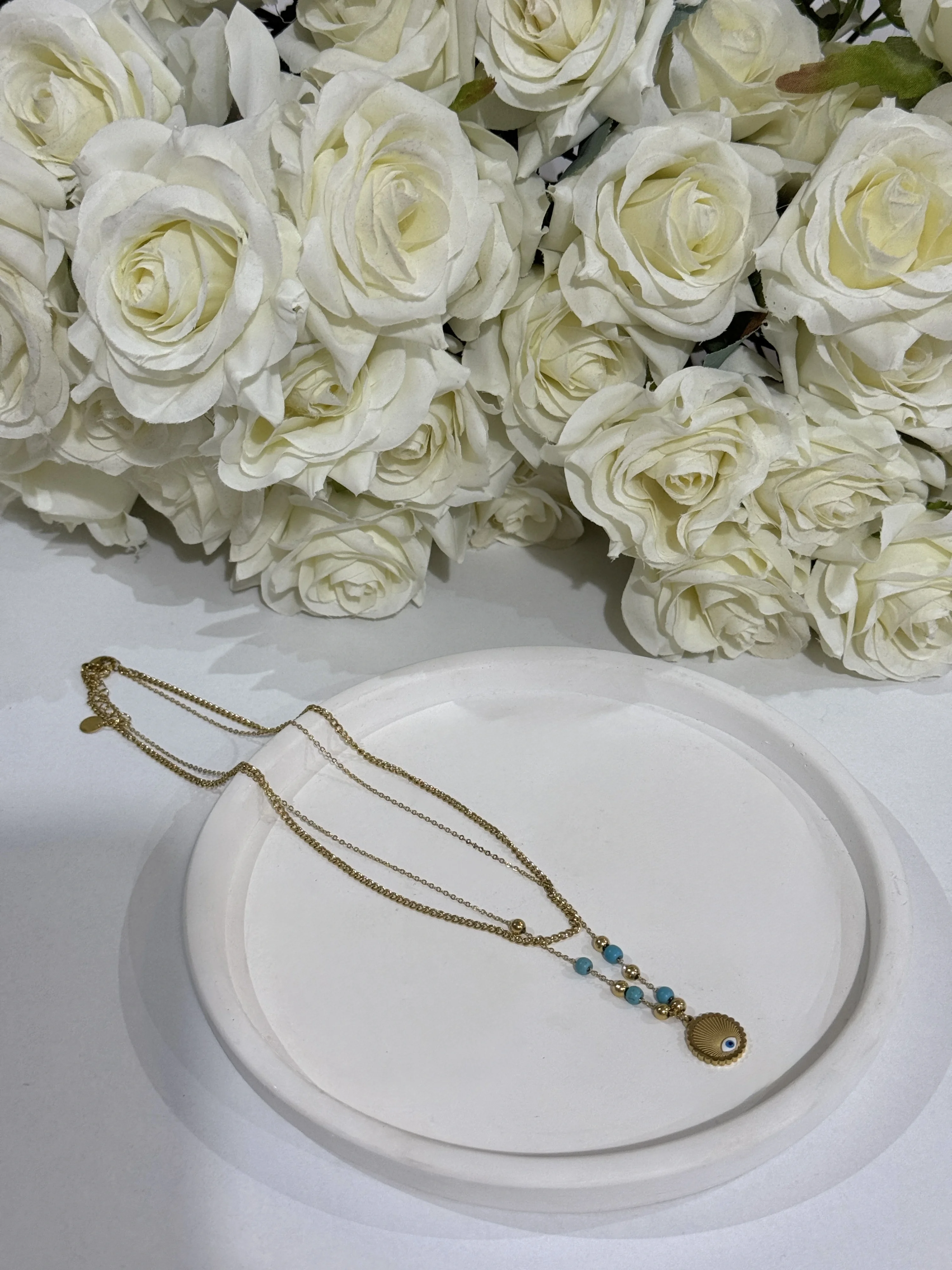 2’li Göz Ve Boncuk Detaylı Gold Kolye