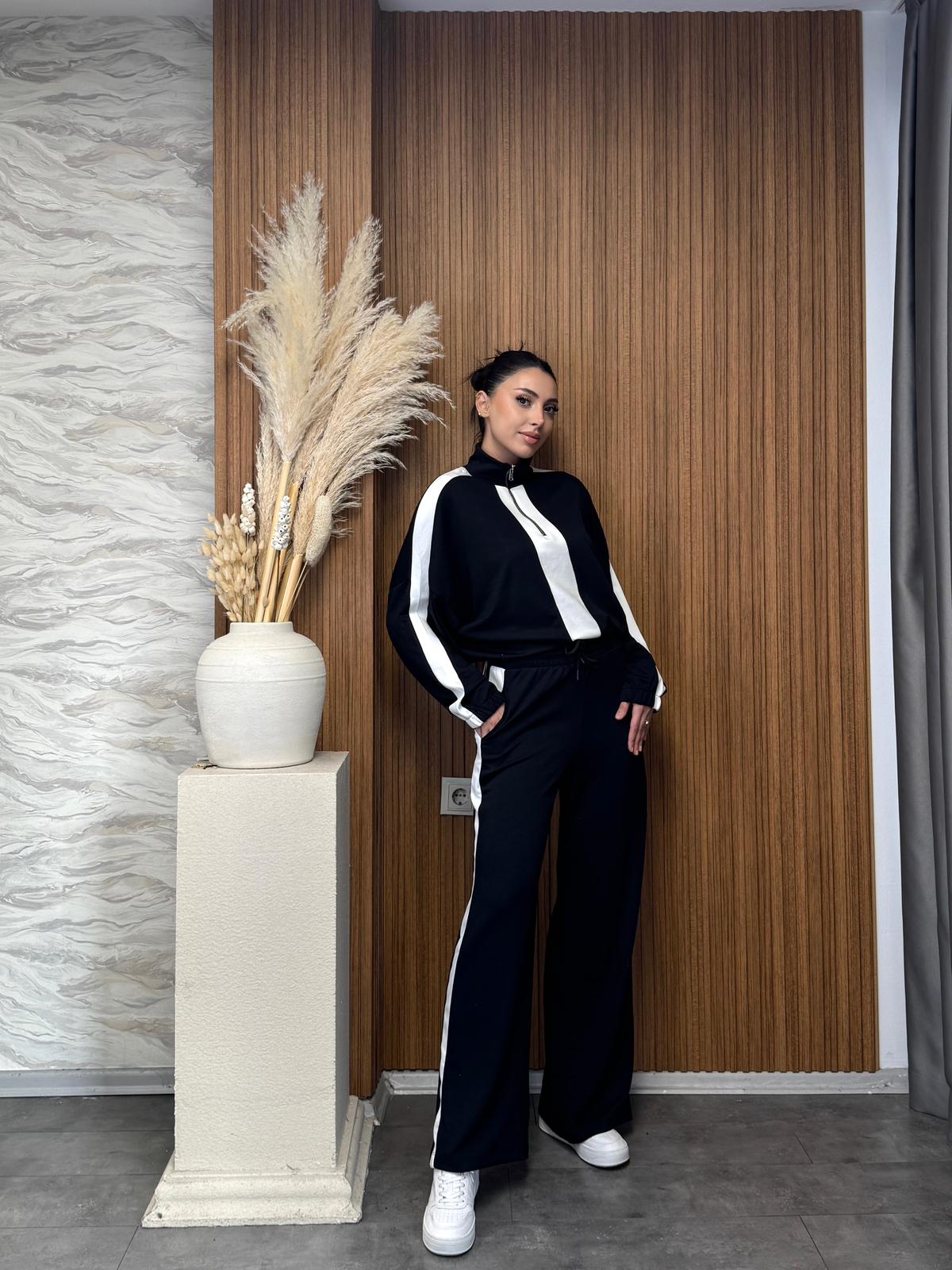 Şeritli Yarım Fermuarlı Fermuarlı Eşofman Takımı