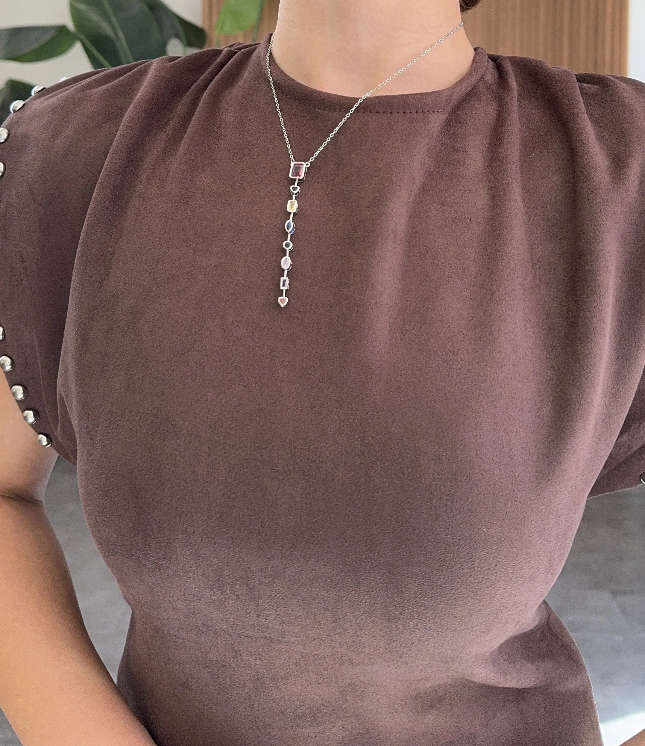 Renkli Taş Detaylı Gümüş Y Kolye