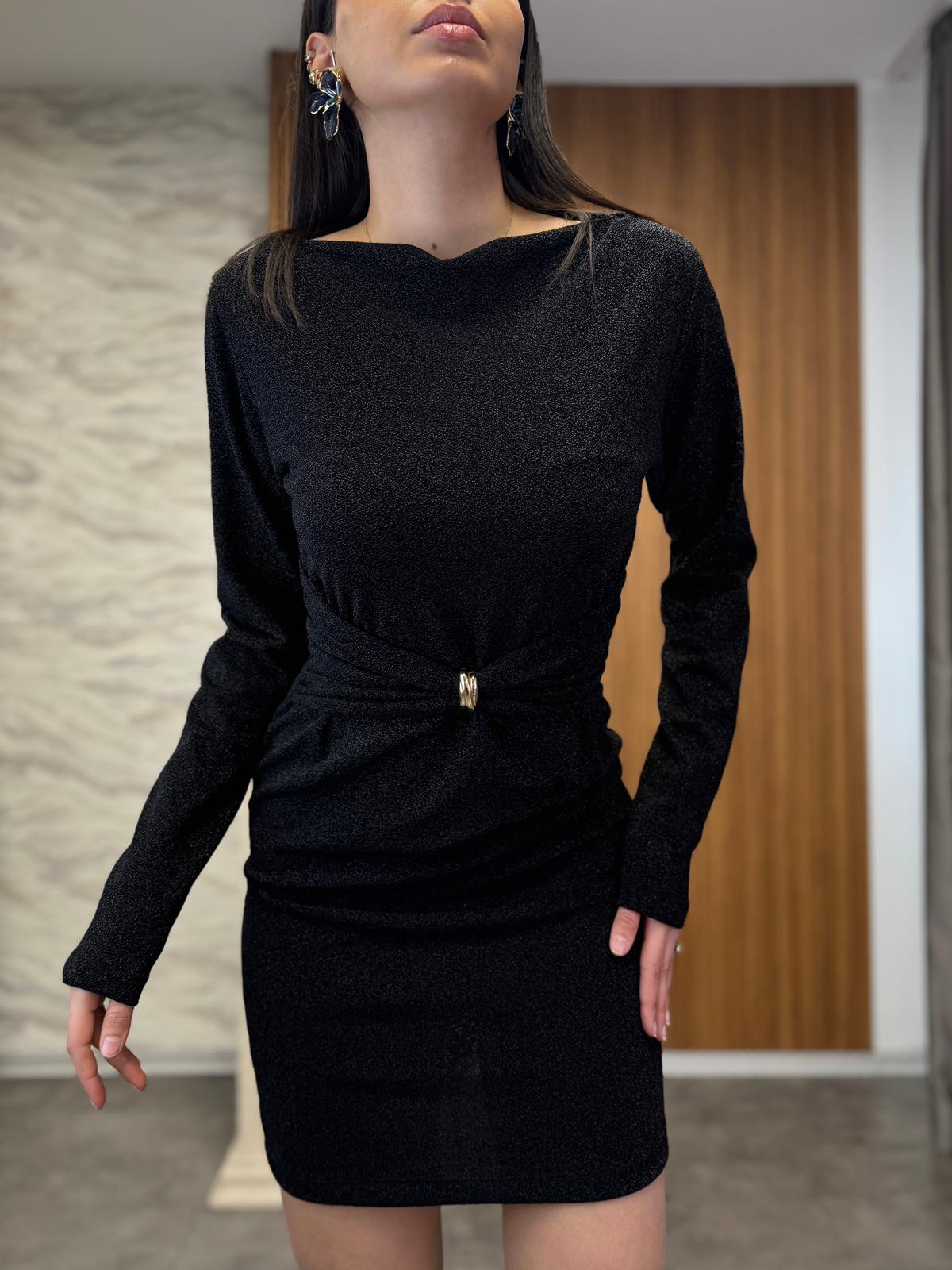 Uzun Kollu Tokalı Simli Elbise