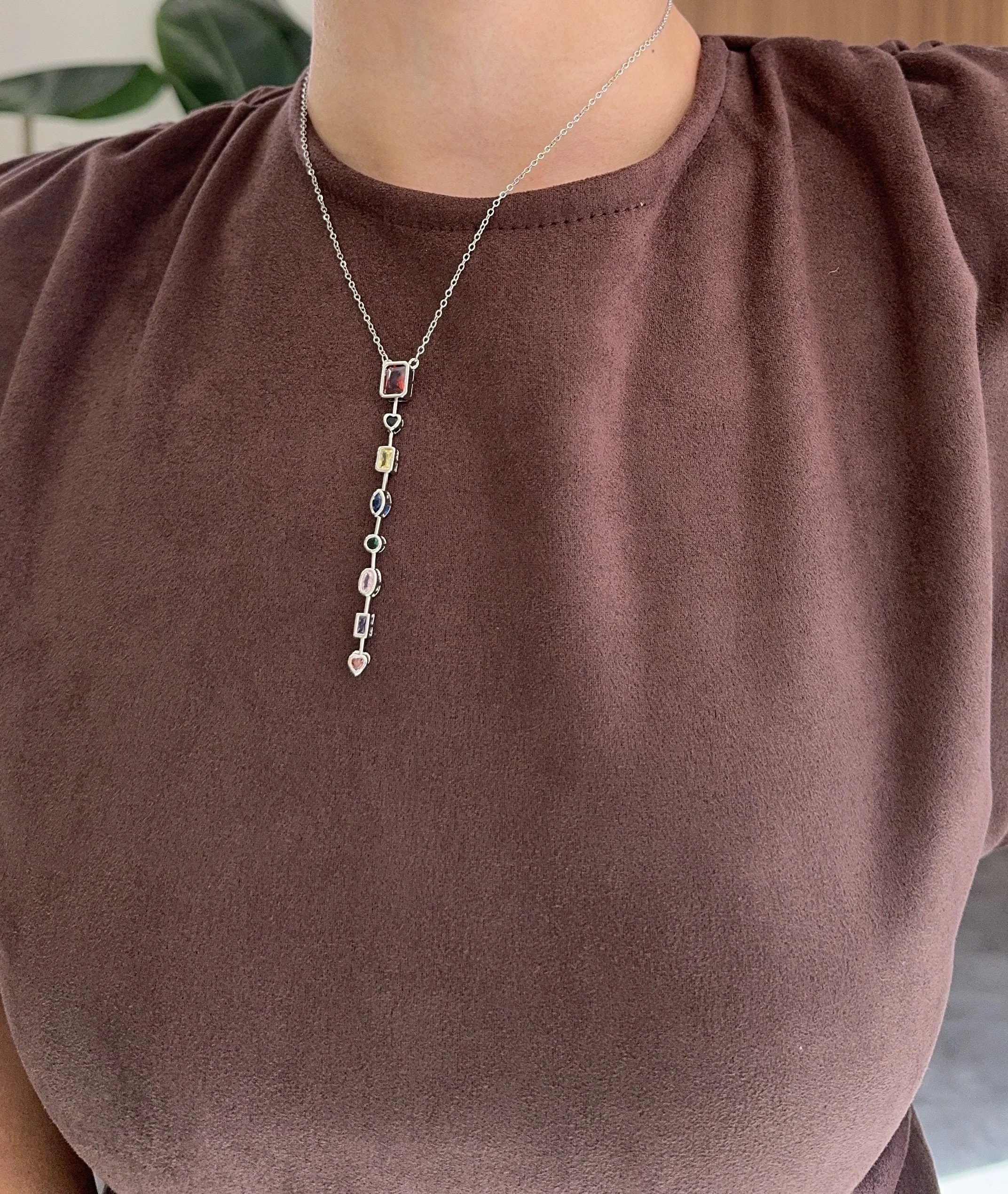 Renkli Taş Detaylı Gümüş Y Kolye