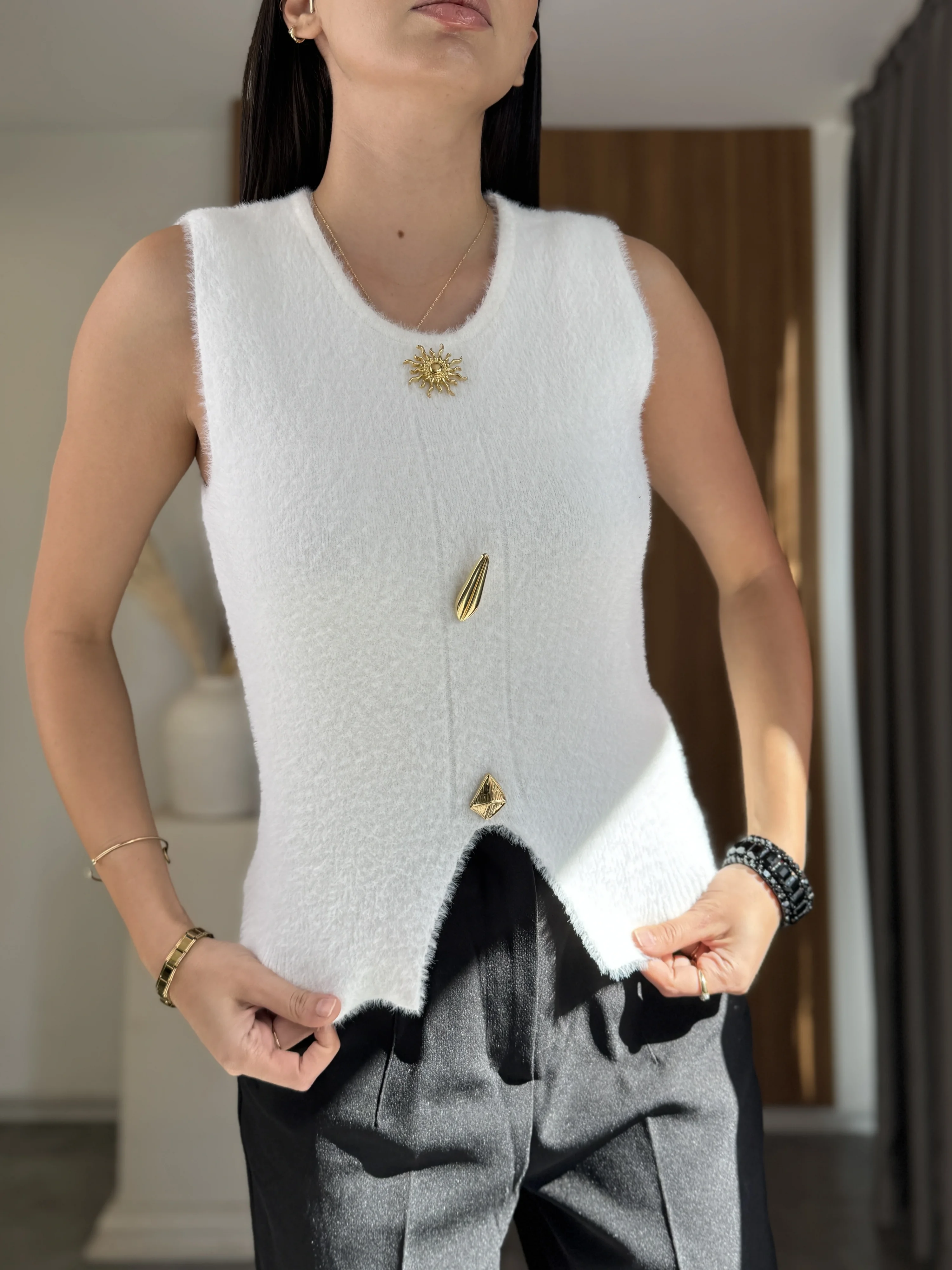 Gold Düğmeli Triko Bluz