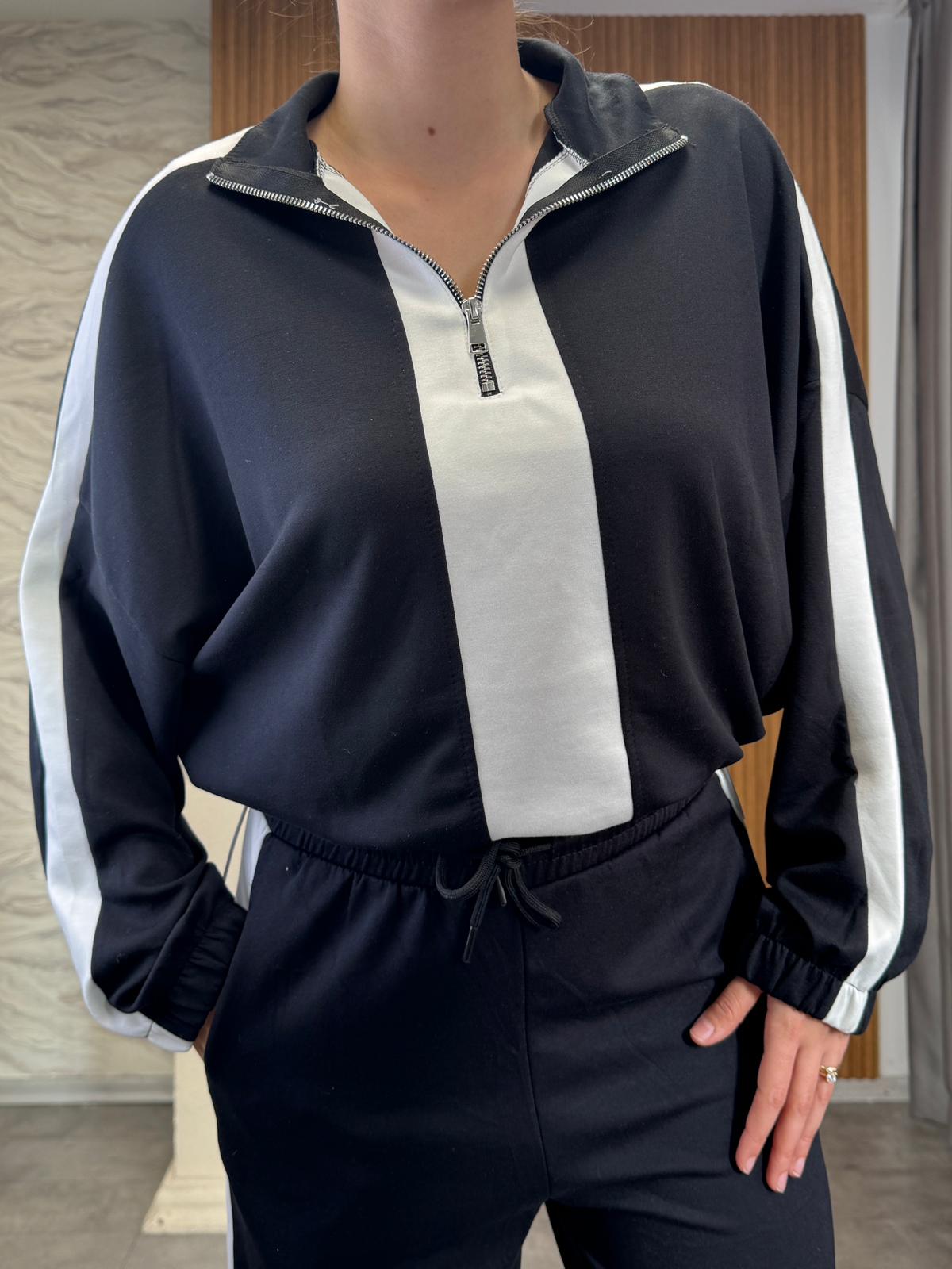 Şeritli Yarım Fermuarlı Fermuarlı Eşofman Takımı