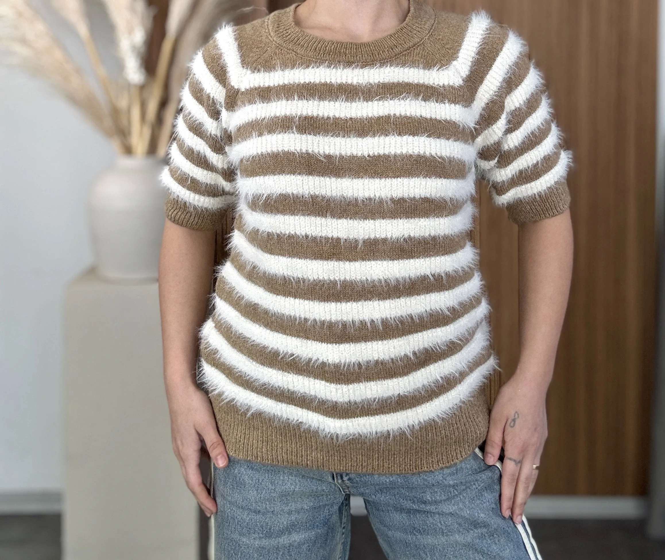 Yarım Kol Çizgili Yumoş Kazak