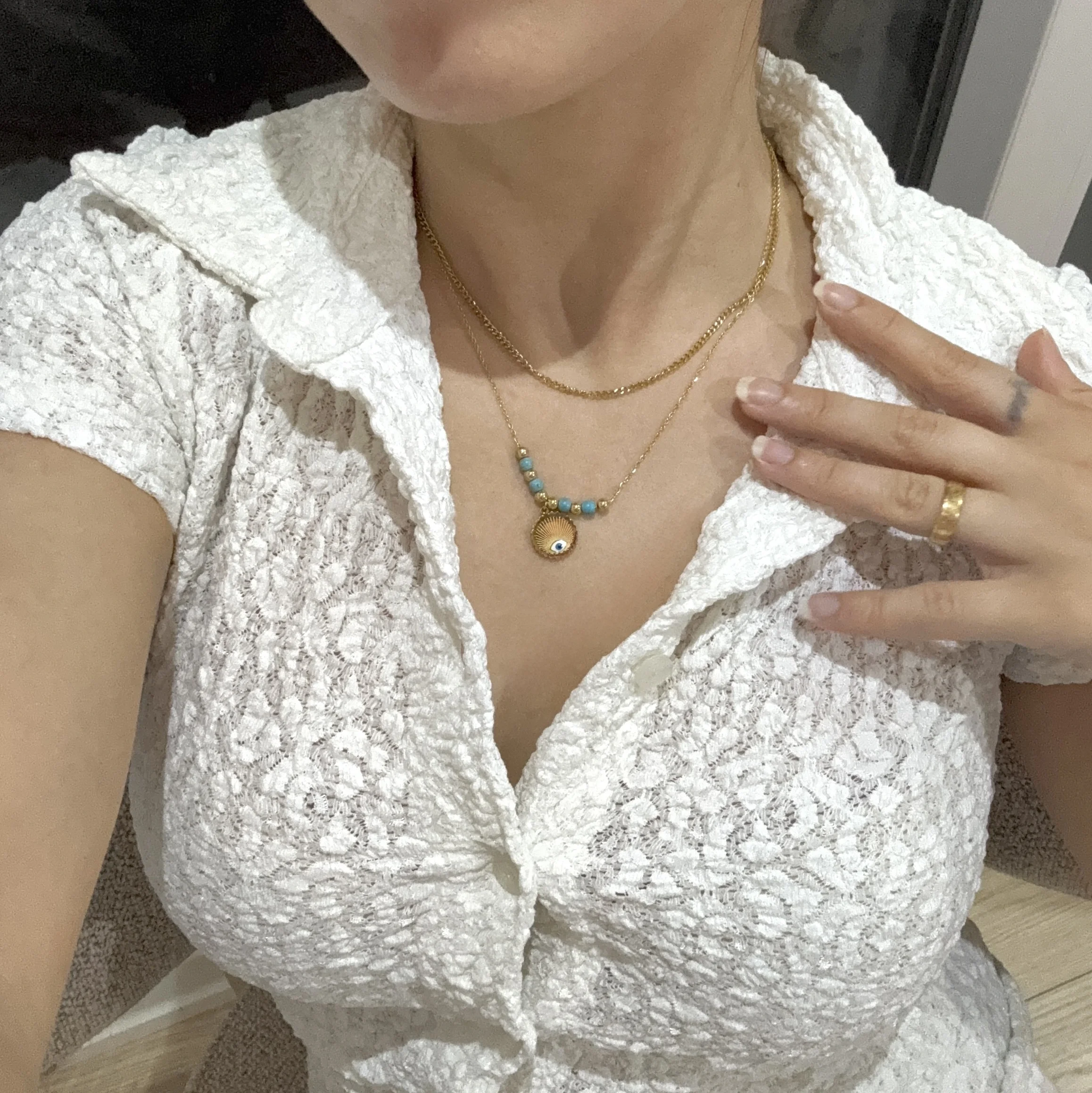 2’li Göz Ve Boncuk Detaylı Gold Kolye