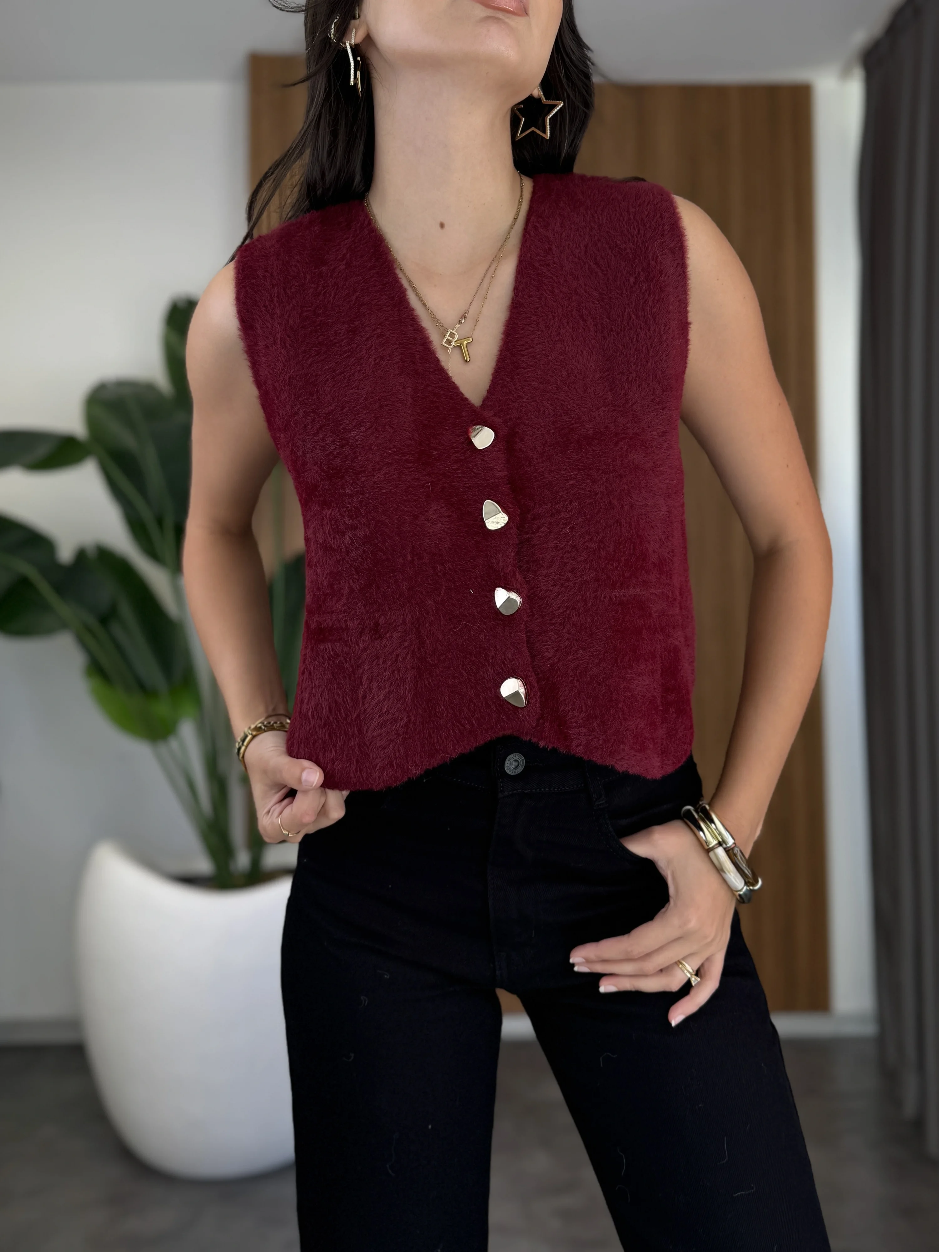 Gold Düğme Detay Sakallı Yelek