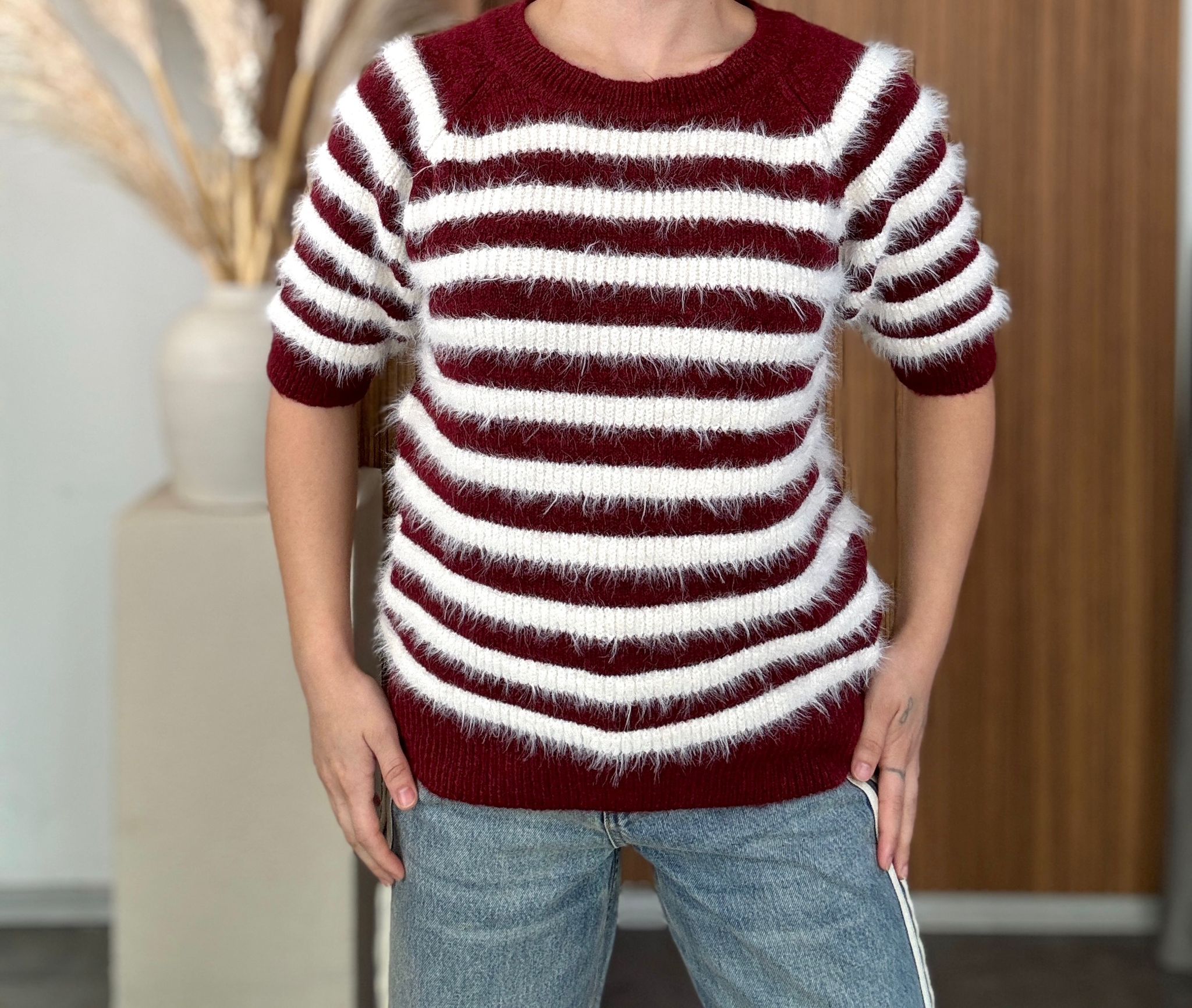 Çizgili Yarım Kol Yumoş Kazak