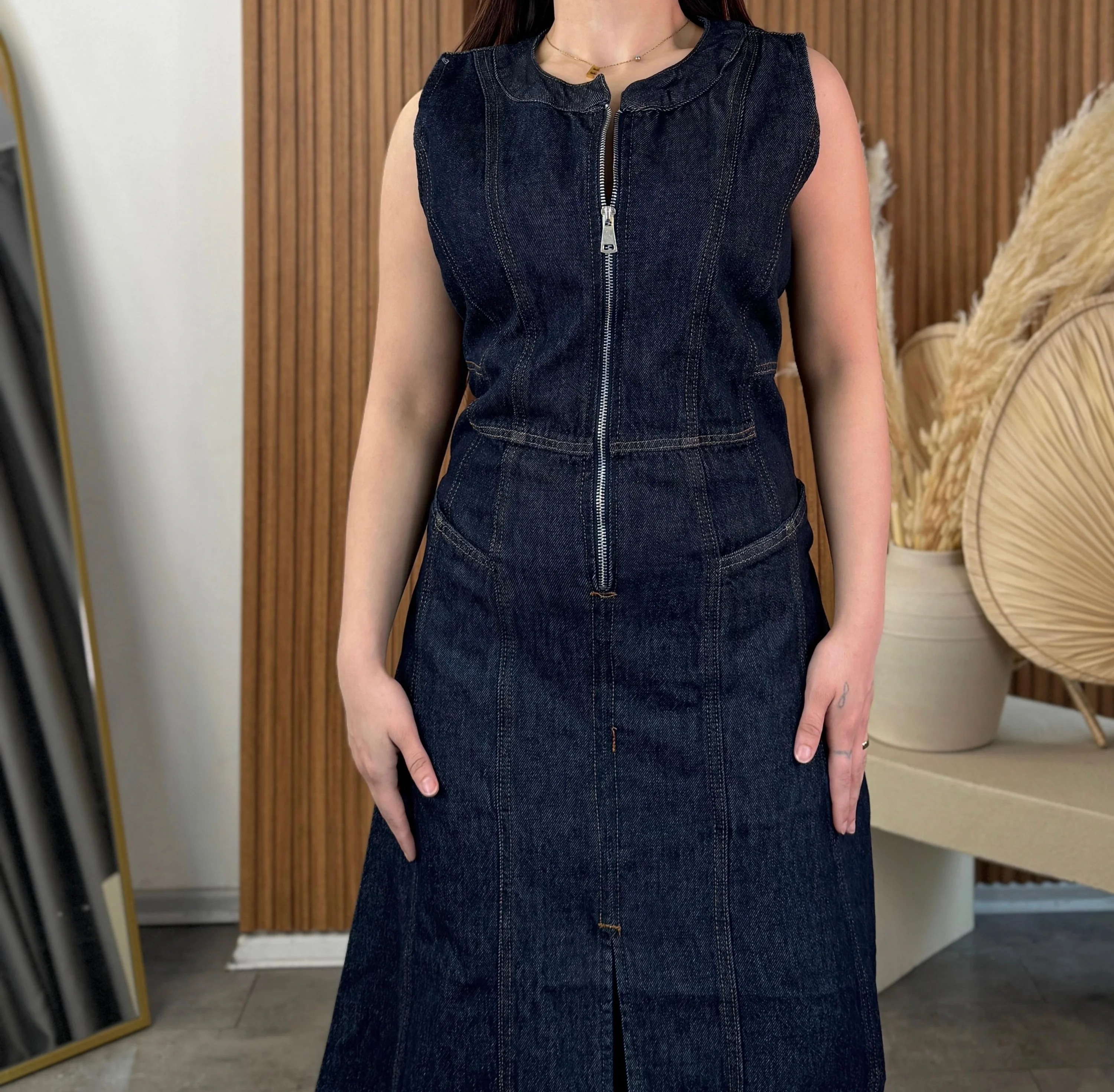 Yarım Fermuarlı Denim Elbise