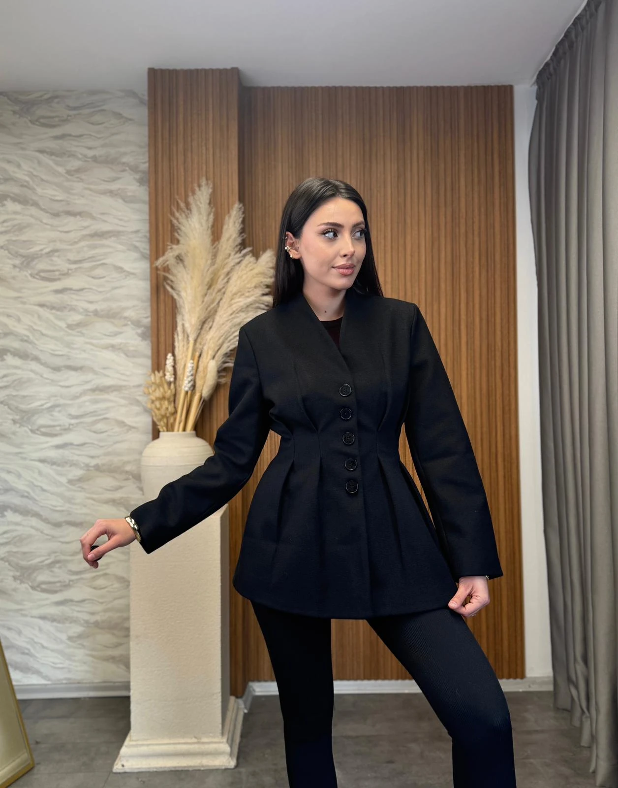 Kaşe Bel Detay Düğmeli Blazer