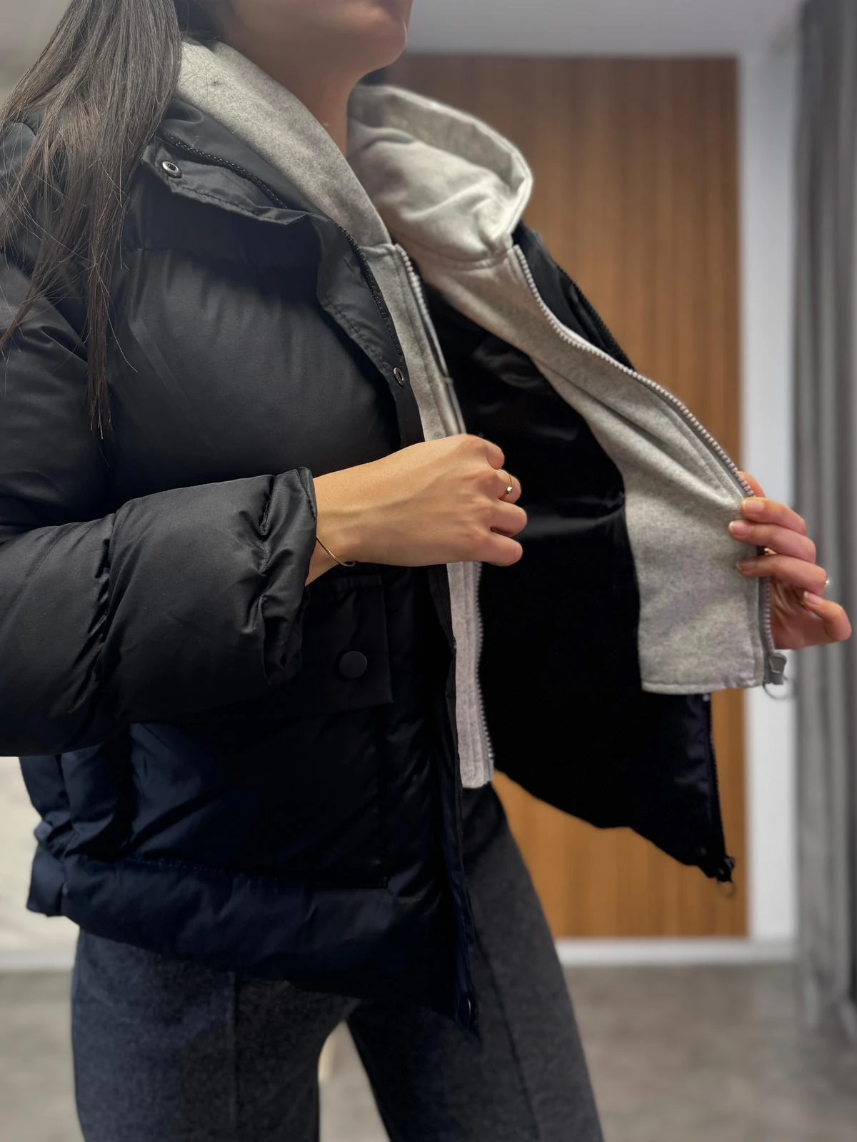 Penye Gri Kapüşonlu Şişme Mont