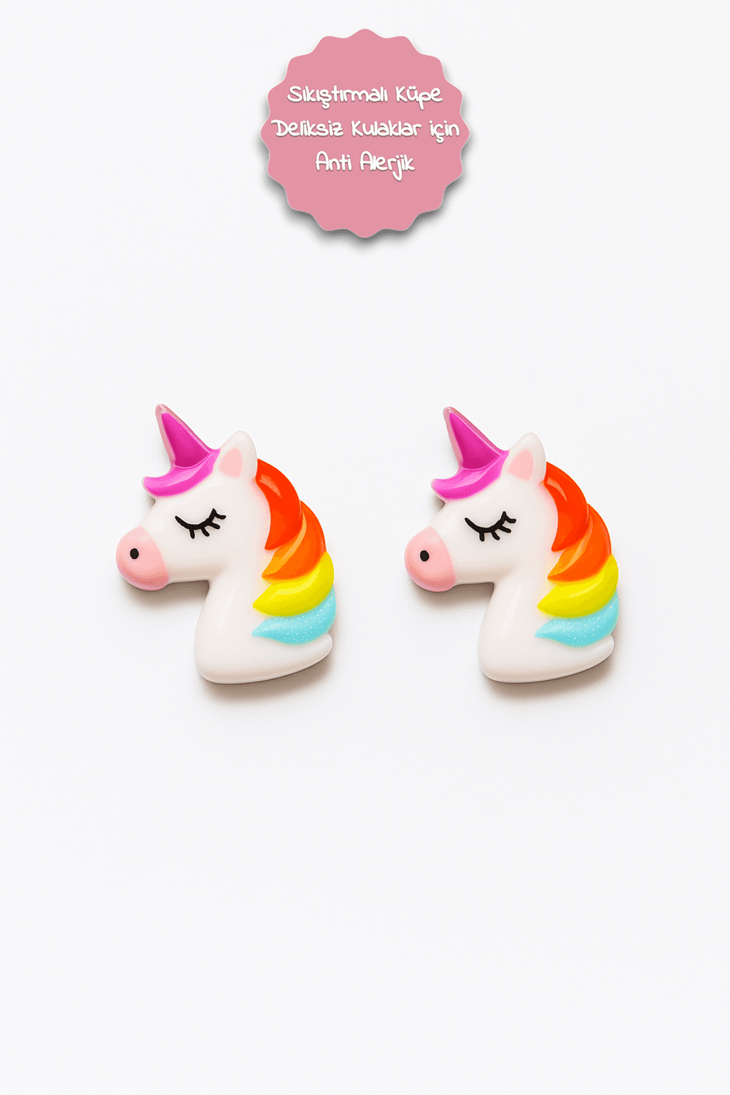 Kulağı Delik Olmayan Çocuklar için Unicorn Tasarımlı Pembe Mor Mavi Renkli Sıkıştırmalı Çocuk Küpe