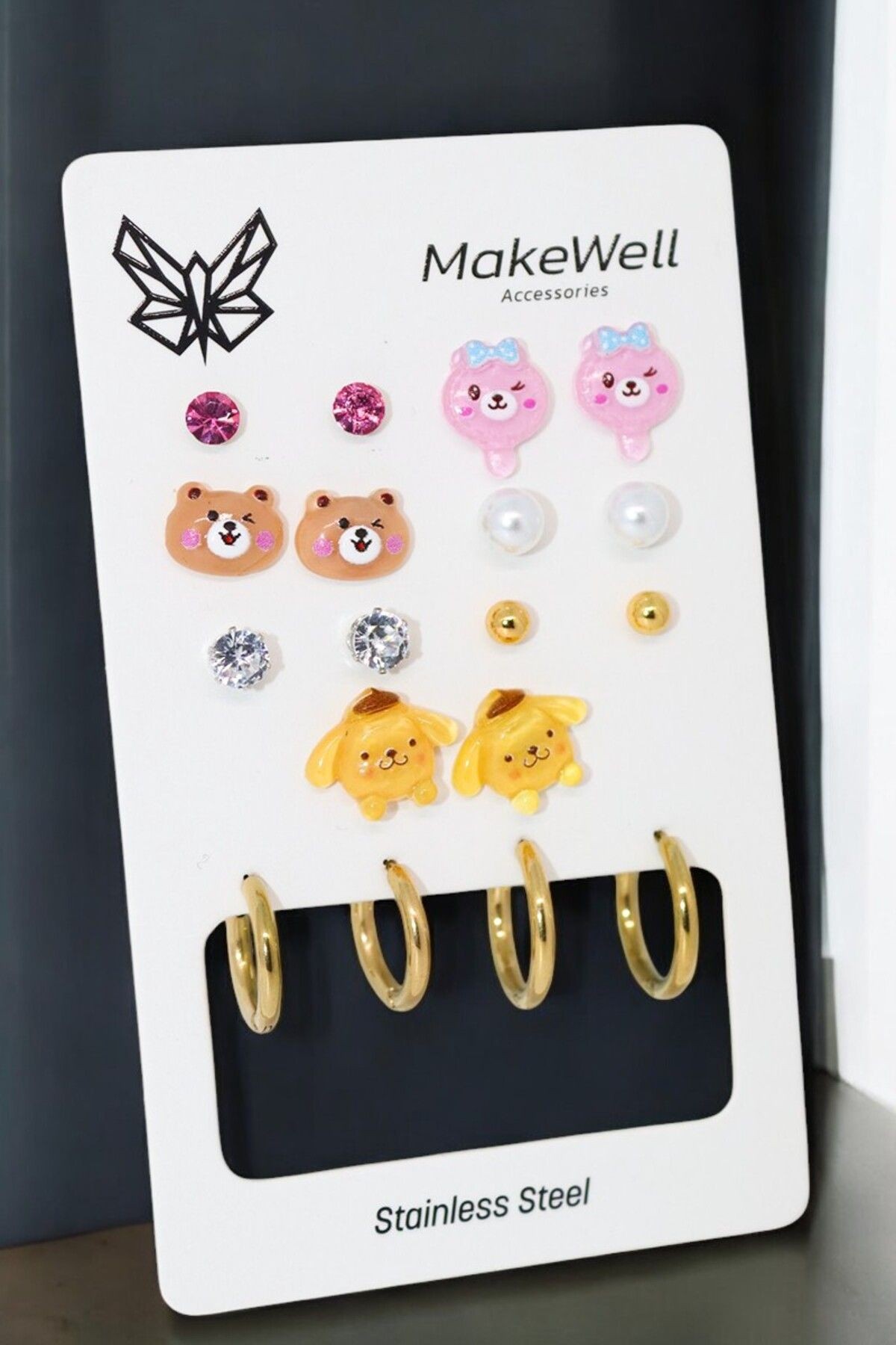 925s İğneli Çelik Kararmaz Sanrio Kuromi Ayıcık ve Kedi Tasarımlı Çocuk Küpe