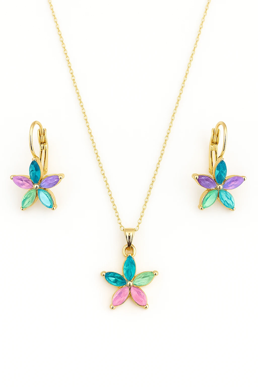 Lotus Çiçeği Tasarımlı Gold Renkli Kolye ve Küpe Takımı