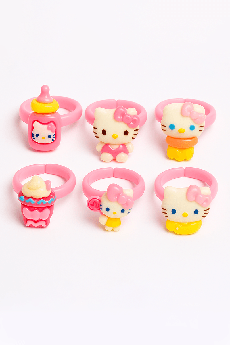 Ayarlanabilir Kuromi My Melodi ve Cinnammaroll Tasarımlı 6lı Ayarlanabilir Çocuk Yüzük Seti