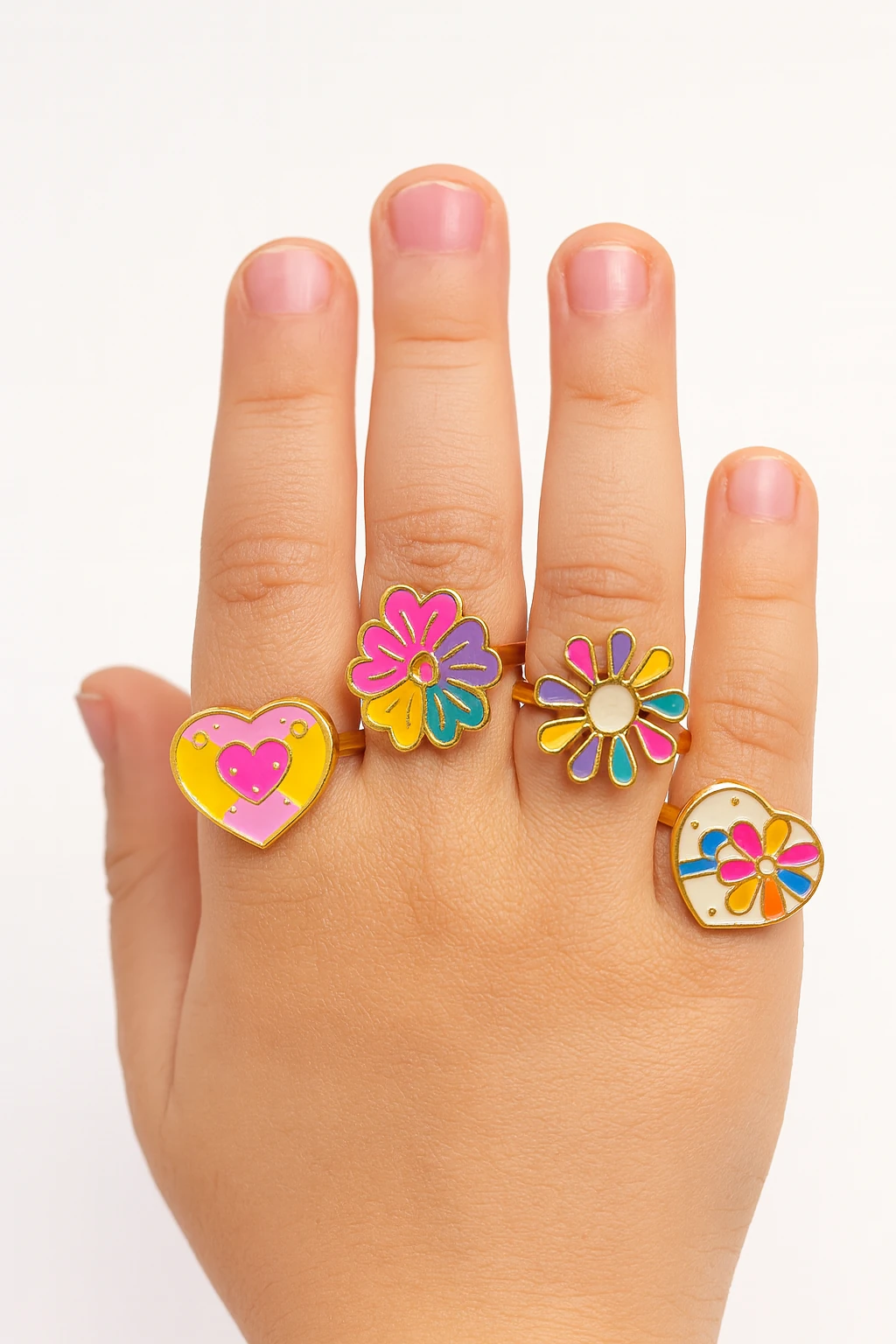 Ayarlanabilir 4 Adet Yıldız Gökkuşağı Kiraz Çilek Unicorn Kalp Çocuk Yüzükleri