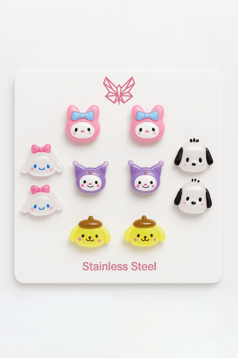 Çelik Vidalı Kuromi My Melody Cinnammaroll Pachoca Pampampurin Tasarımlı Çocuk Küpeleri