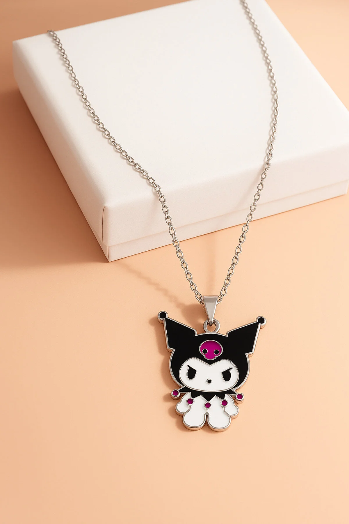 Kuromi Tasarımlı Gümüş Renkli Zincirli Çocuk Kolyesi