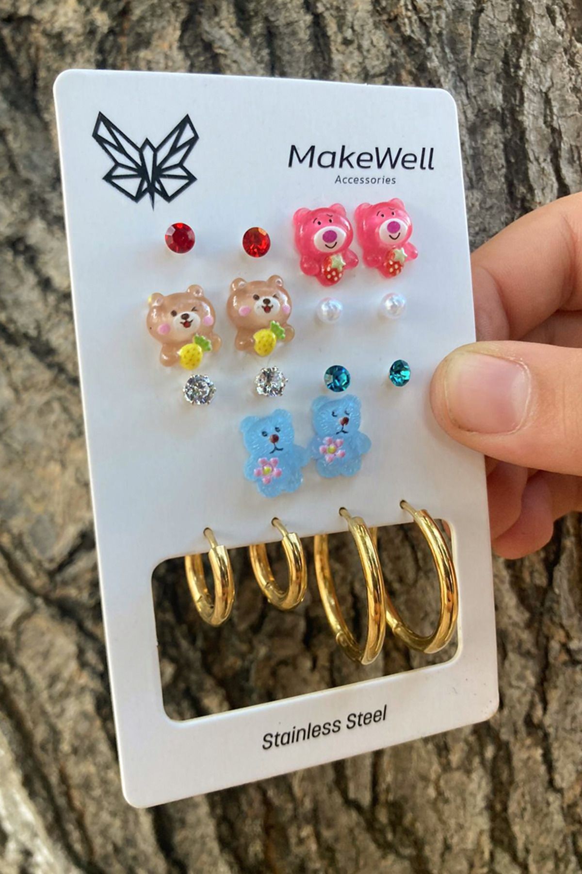 Çelik Küpe Renk Atmaz Kararmaz Çelik Ayıcıklı Kuromi Tasarımlı Halka Çelik Küpeli 9lu  Çelik Set