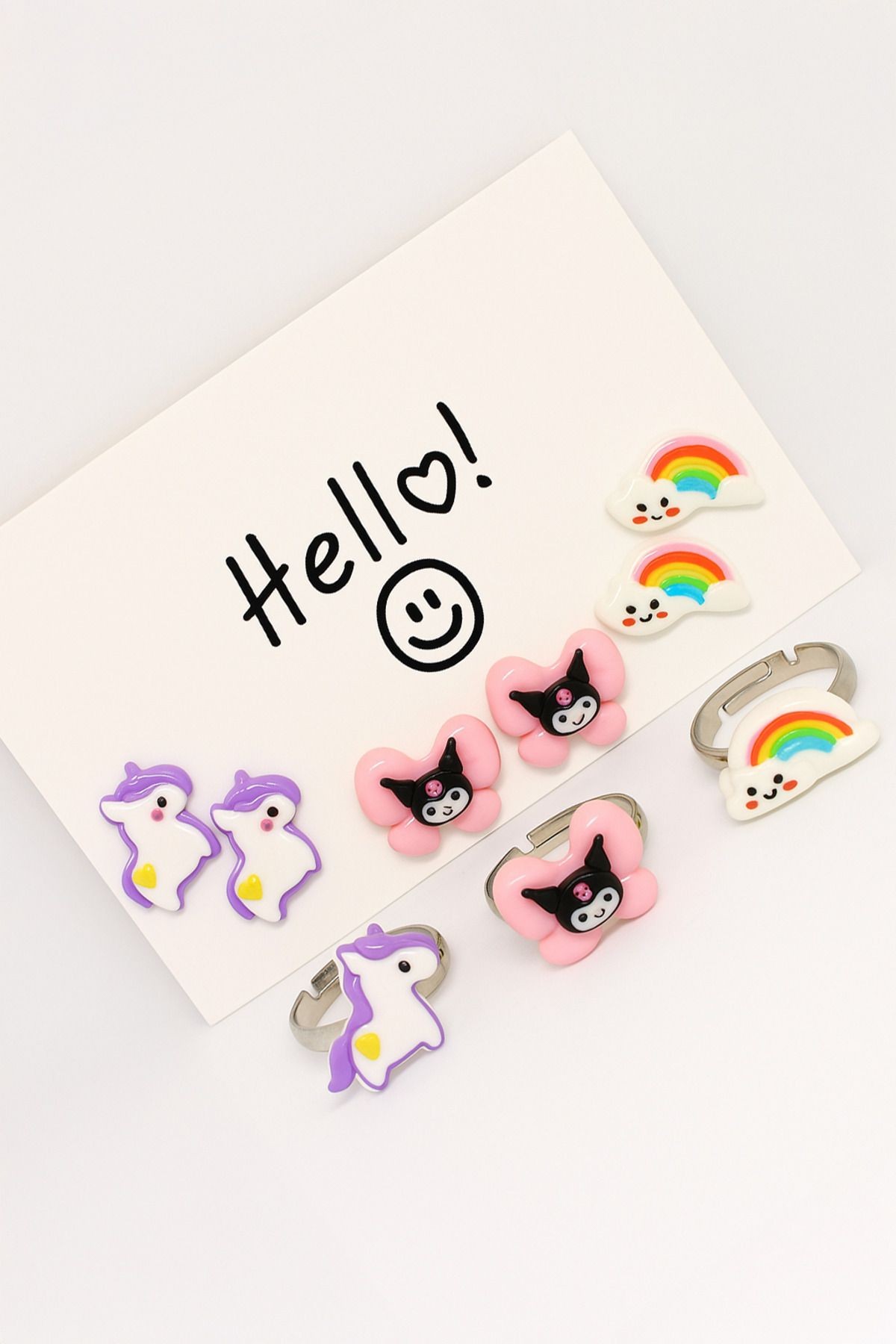 3 Çift Küpe ve 3 Adet Yüzük Gökkuşağı Kuromi Unicorn Tasarımlı 3lü Küpe ve 3lü Yüzük Küpe Seti