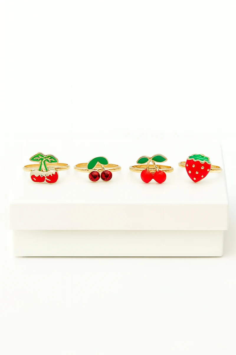 Ayarlanabilir 4 Adet Yıldız Gökkuşağı Kiraz Çilek Unicorn Kalp Çocuk Yüzükleri