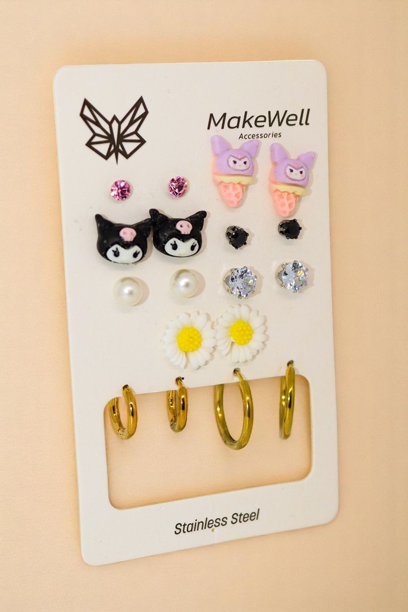 Çelik Küpe Renk Atmaz Kararmaz Çelik Hello Kitty Dondurma Kuromi Tasarımlı Halka Çelik Küpeli Set
