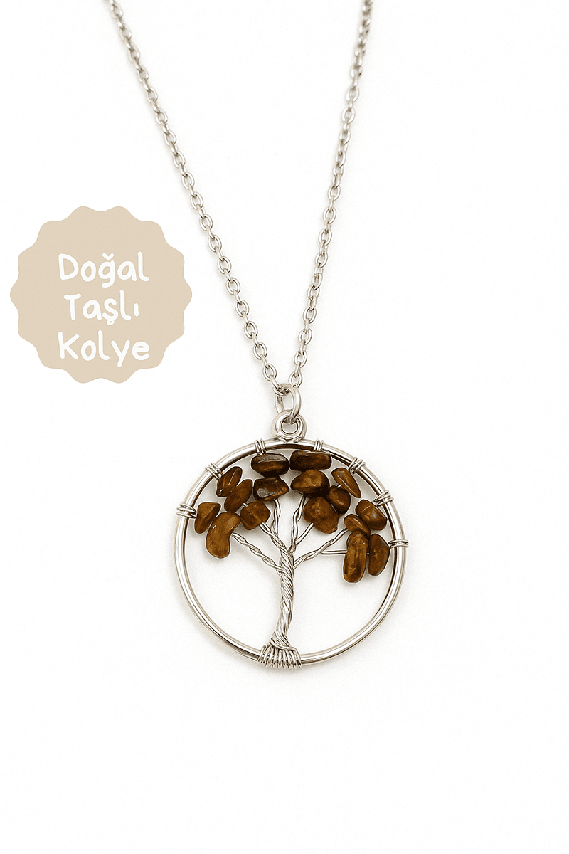 Doğal Taşlı Yaşam Ağacı Tasarımlı Gümüş Kaplamalı Kadın Kız Kolye