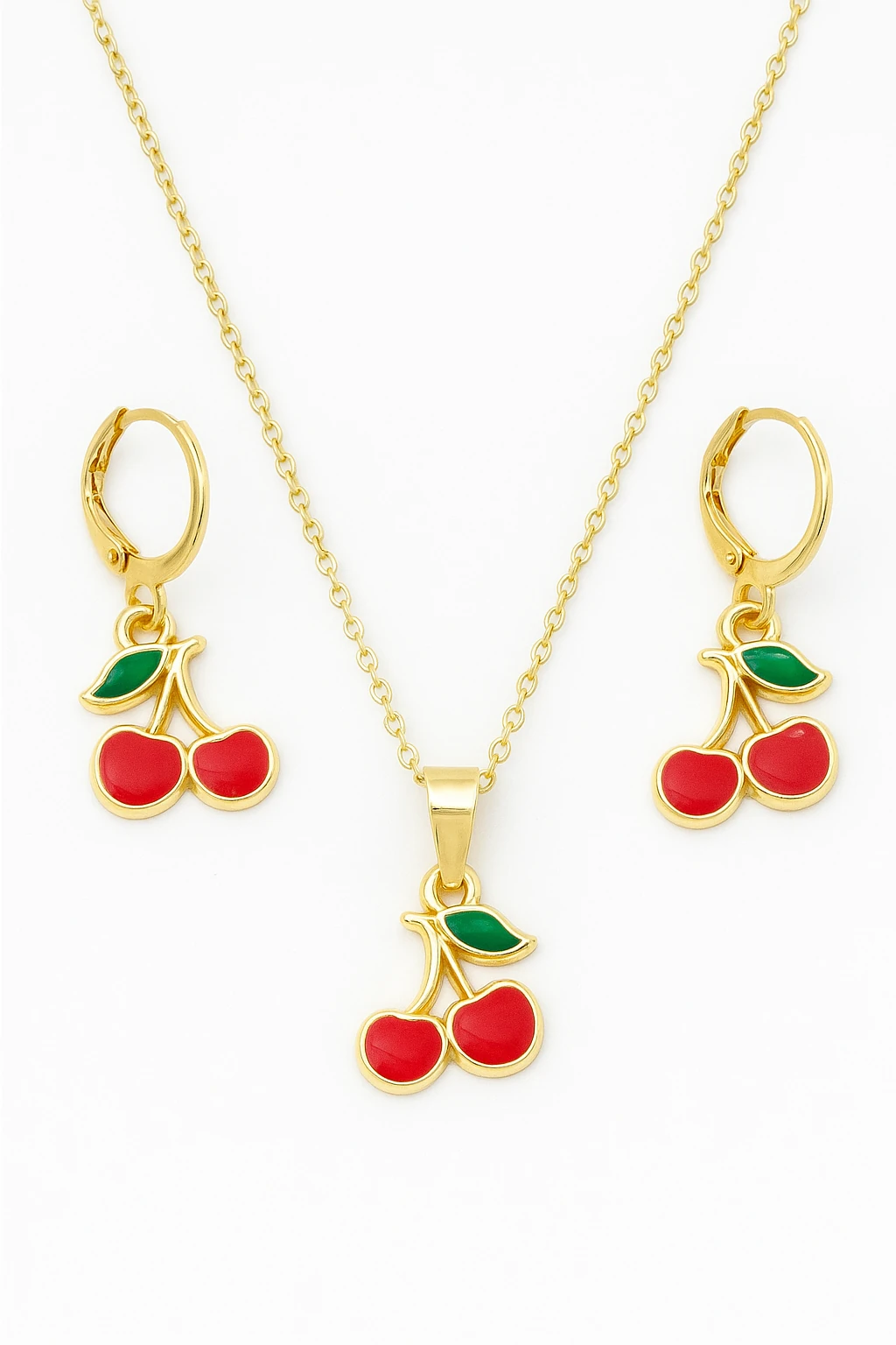 Kiraz Tasarımlı Gold Renkli Kolye ve Küpe Takımı